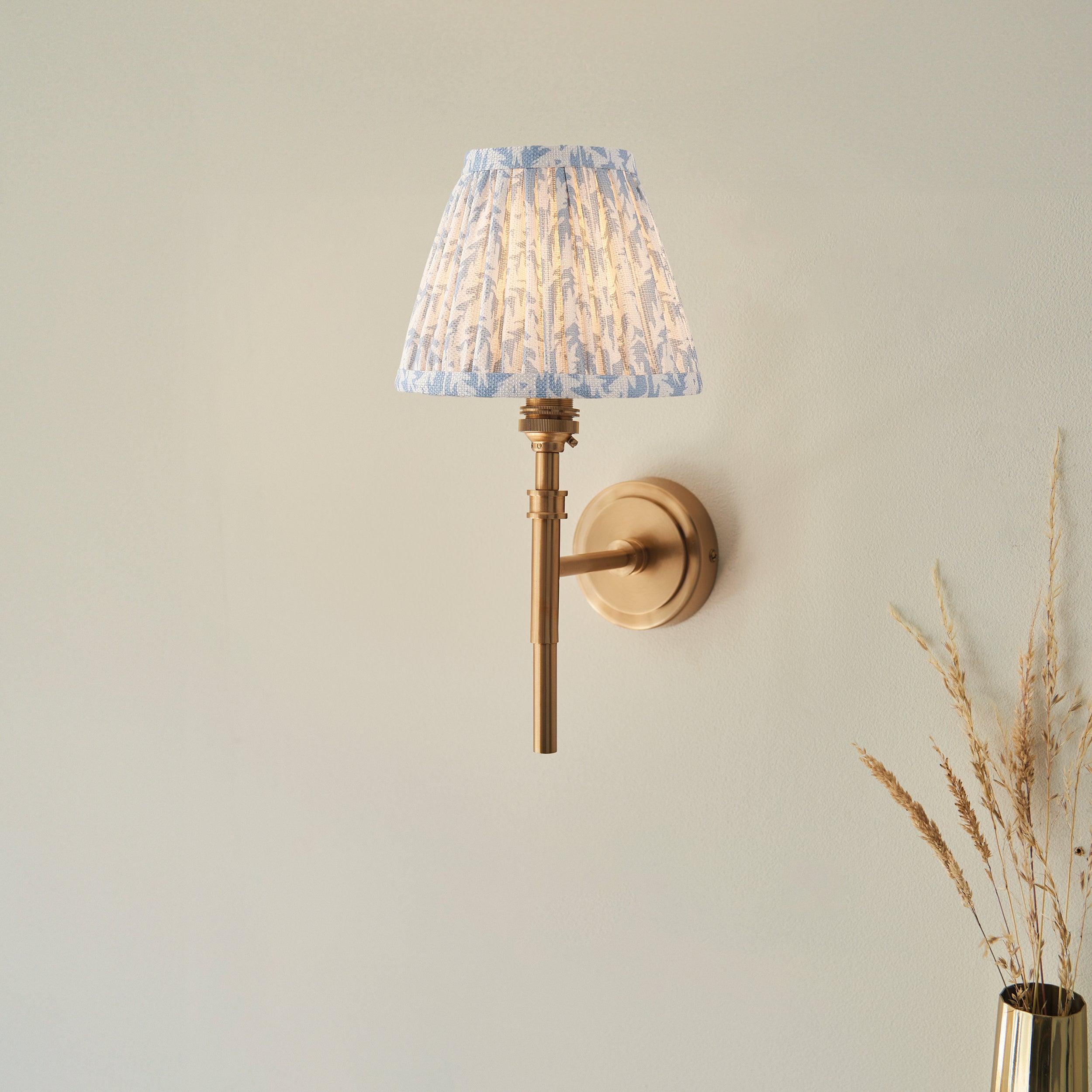 Chester Brass Wall Light With Blue Leaf 16cm Shade