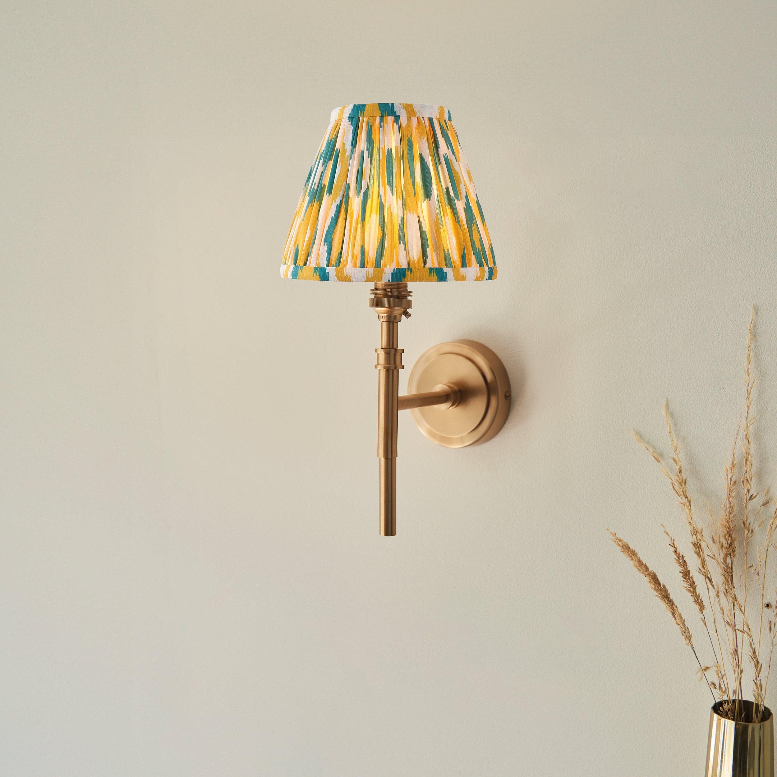 Chester Brass Wall Light With Yellow & Jade Ikat 16cm Shade