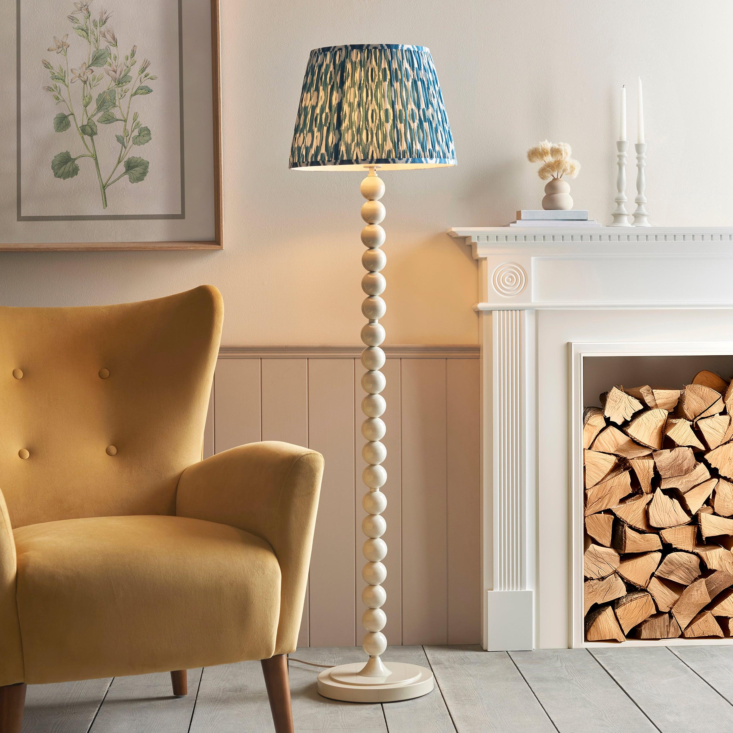 Higgledy Almond White Floor Lamp & Ikat 40cm Marlin Blue Shade