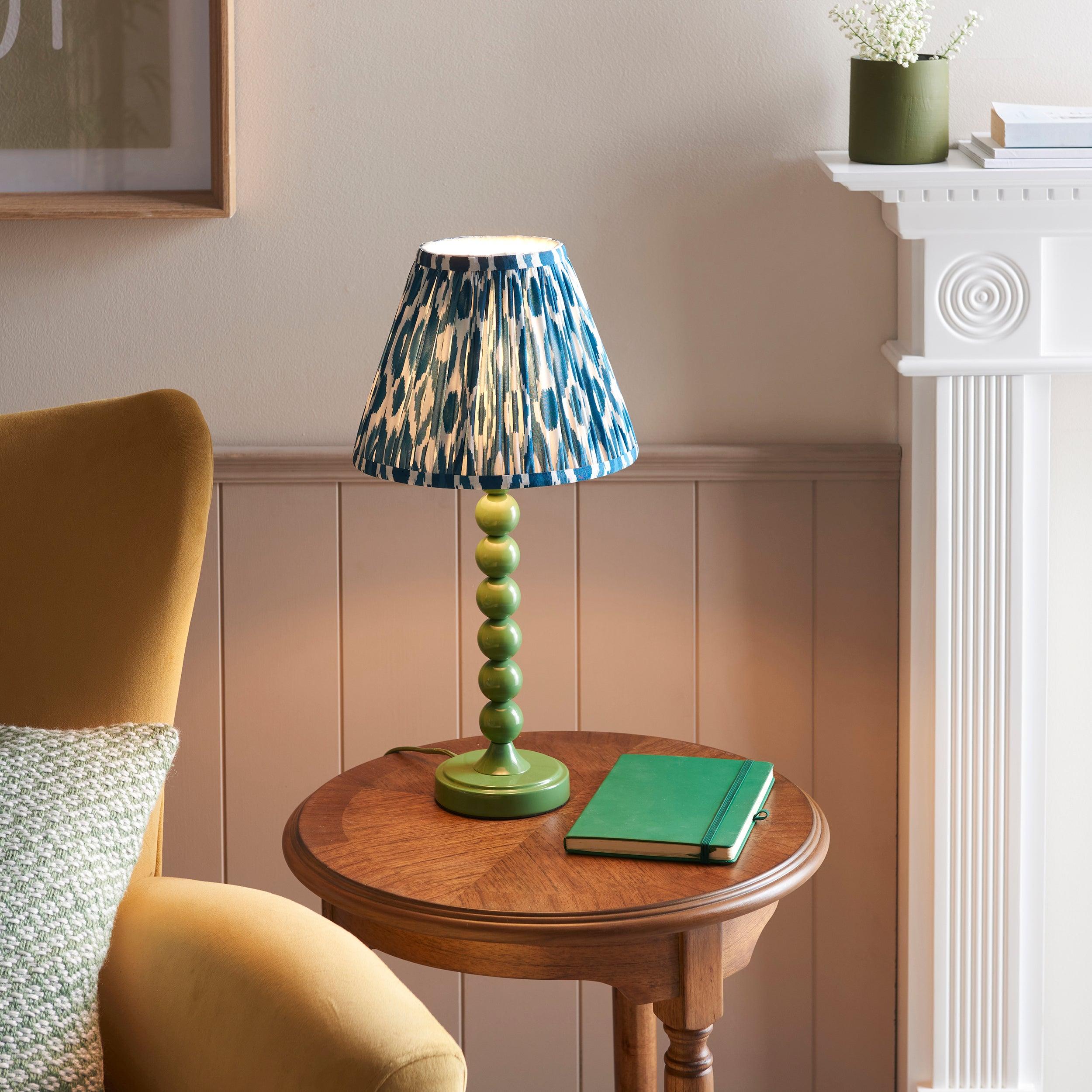 Higgledy Green Table Lamp & Ikat 25cm Marlin Blue Shade
