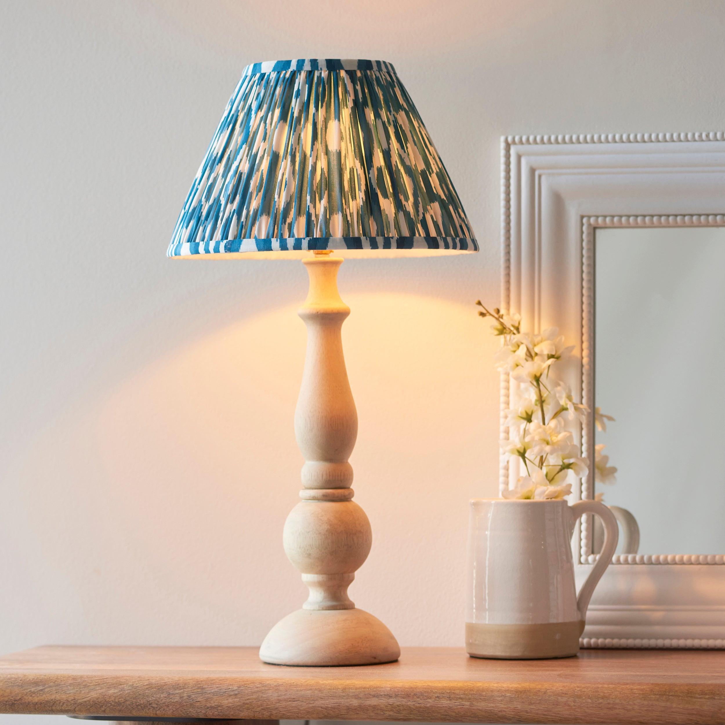 Hidcote Wooden Table Lamp & Ikat 30cm Marlin Blue Shade