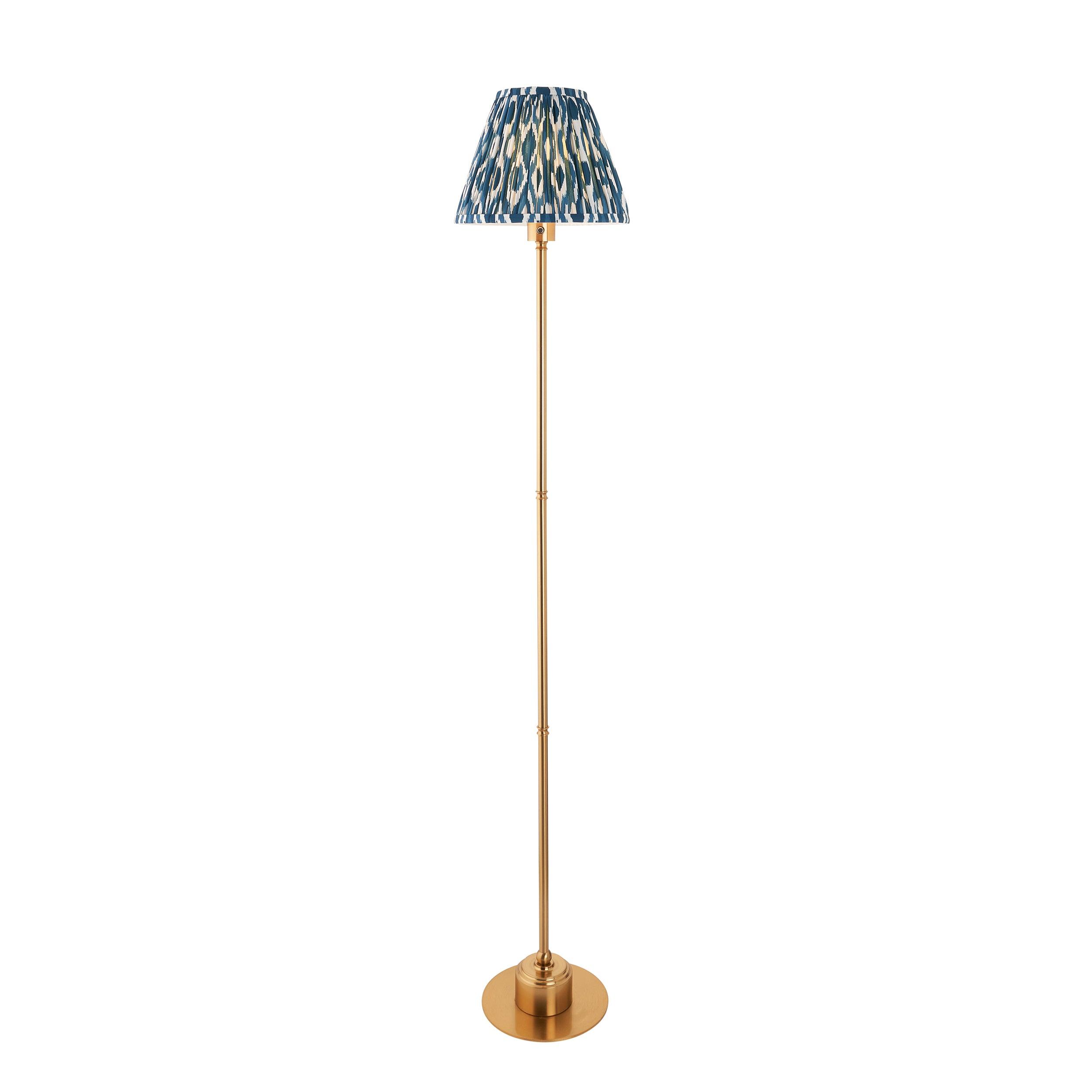 Burley Rechargeable Brass Floor Lamp & Ikat 25cm Marlin Blue Shade