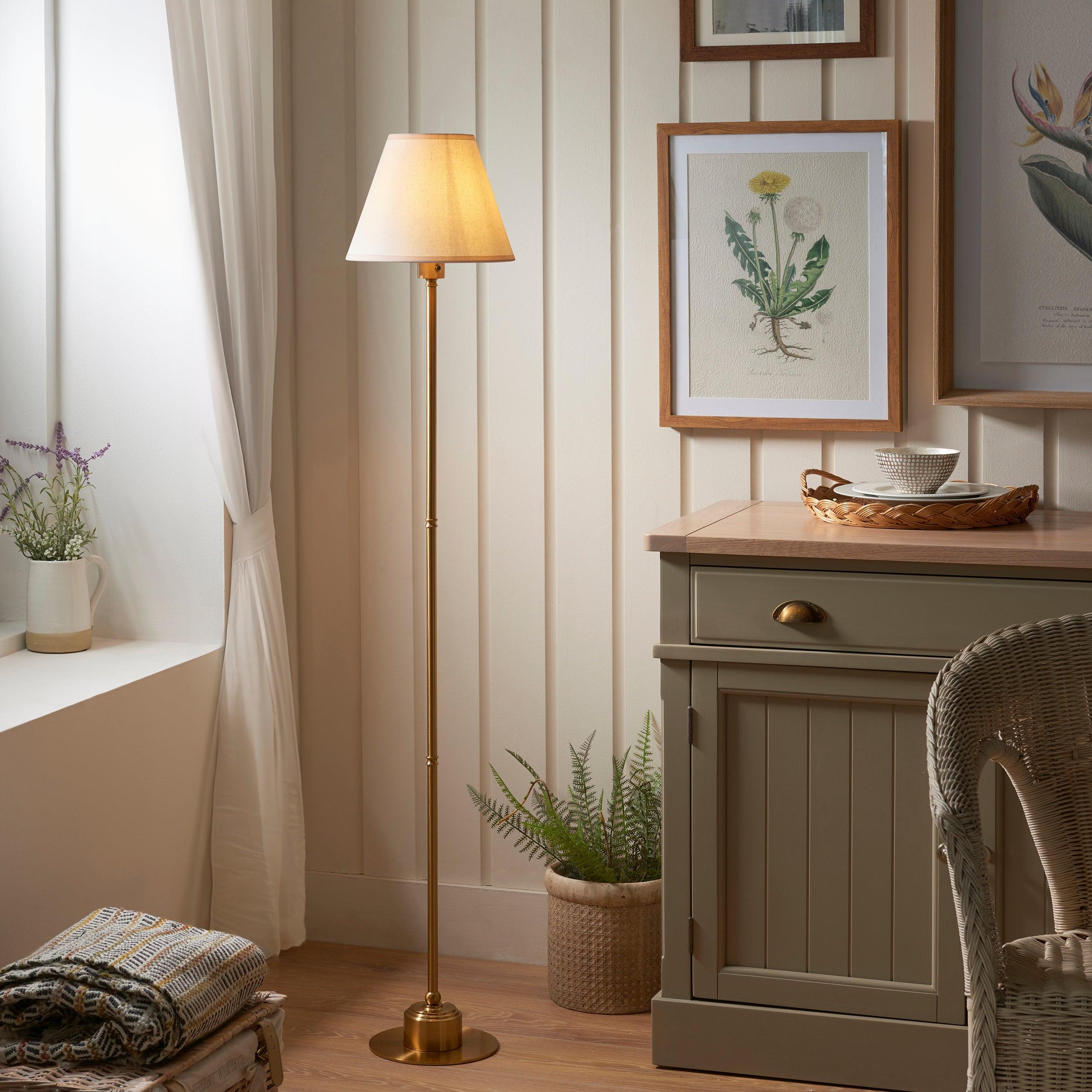 Burley Rechargeable Brass Floor Lamp & Ivy 25cm Vintage White Shade