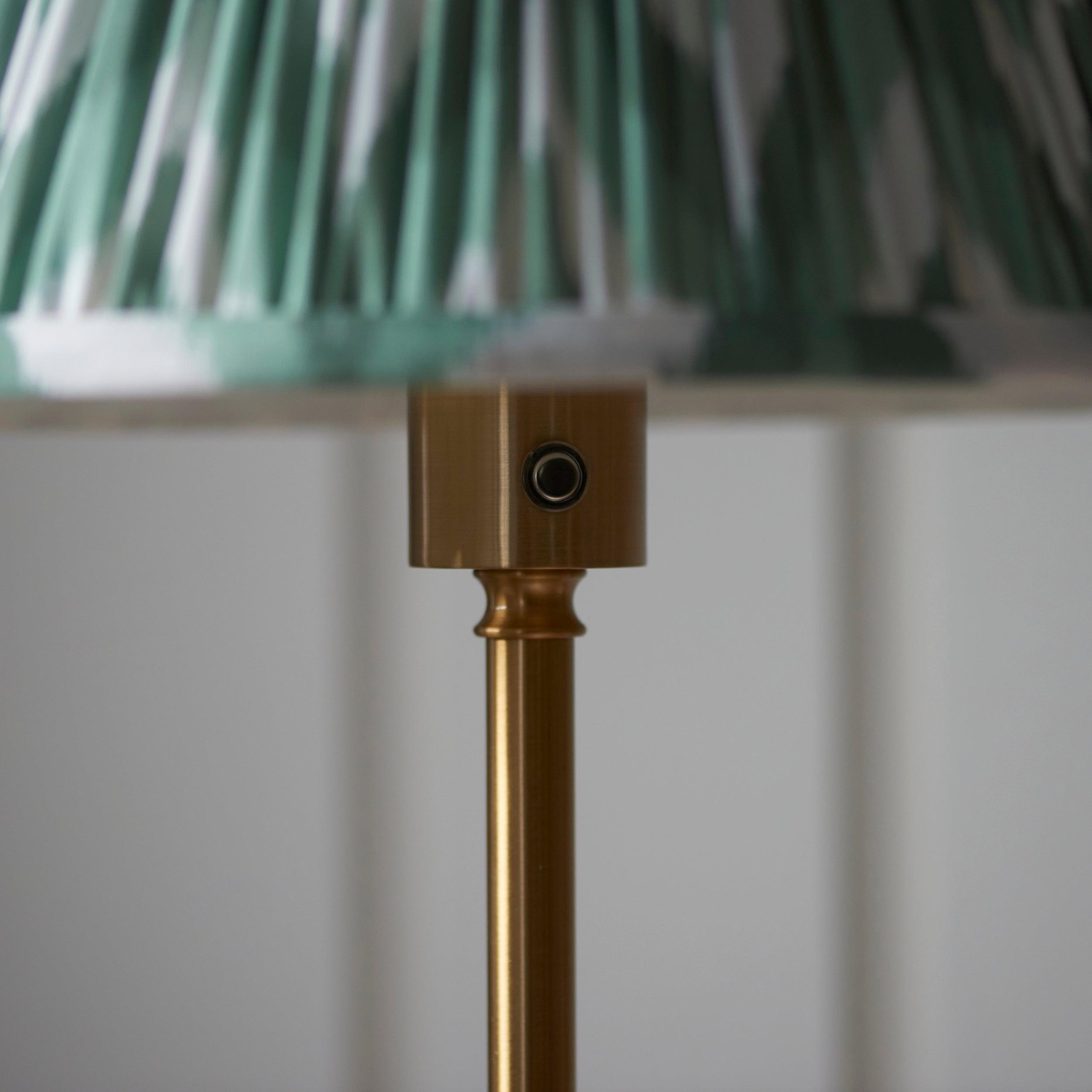 Burley Rechargeable Brass Floor Lamp & Zigzag 30cm Cotswold Green Shade
