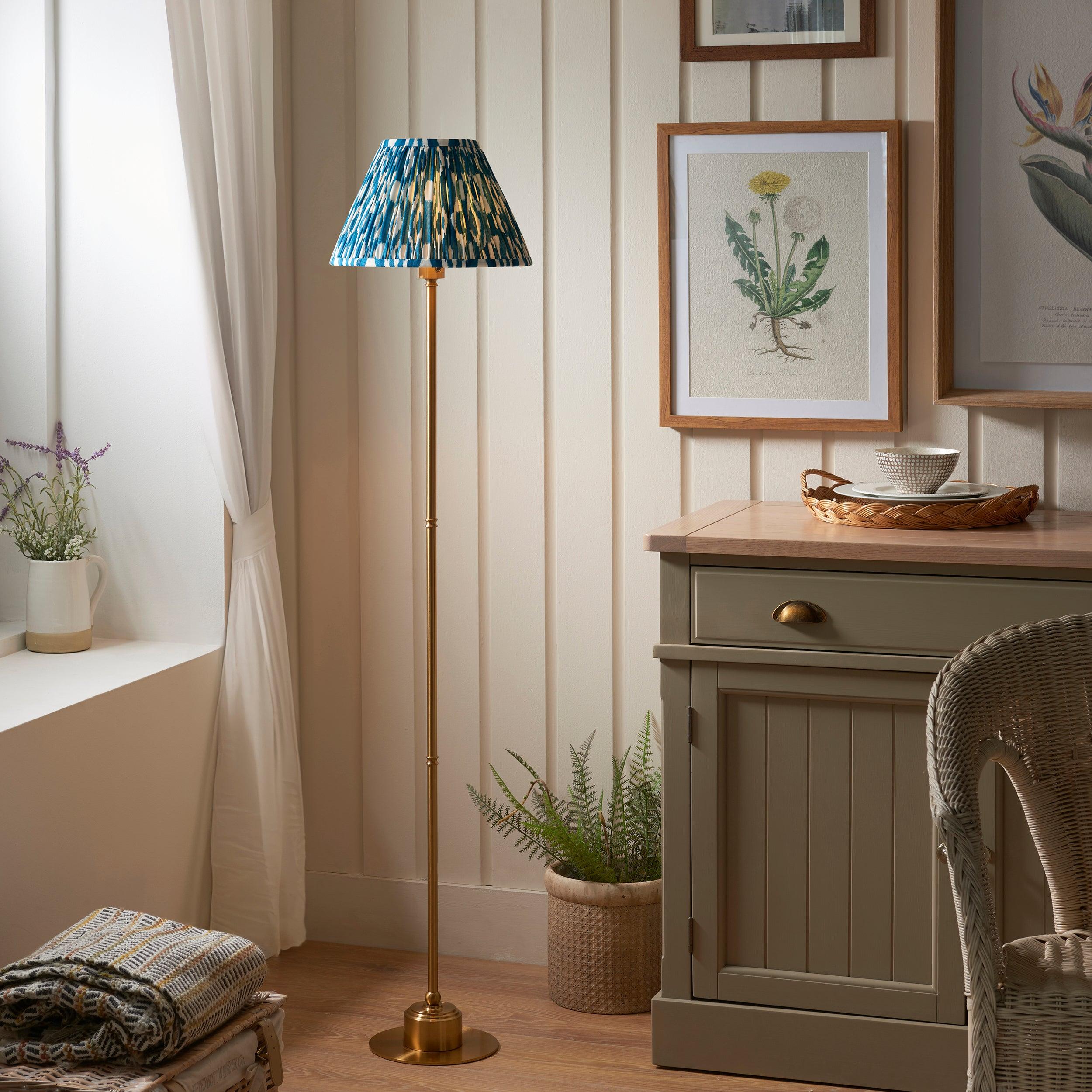 Burley Rechargeable Brass Floor Lamp & Ikat 30cm Marlin Blue Shade