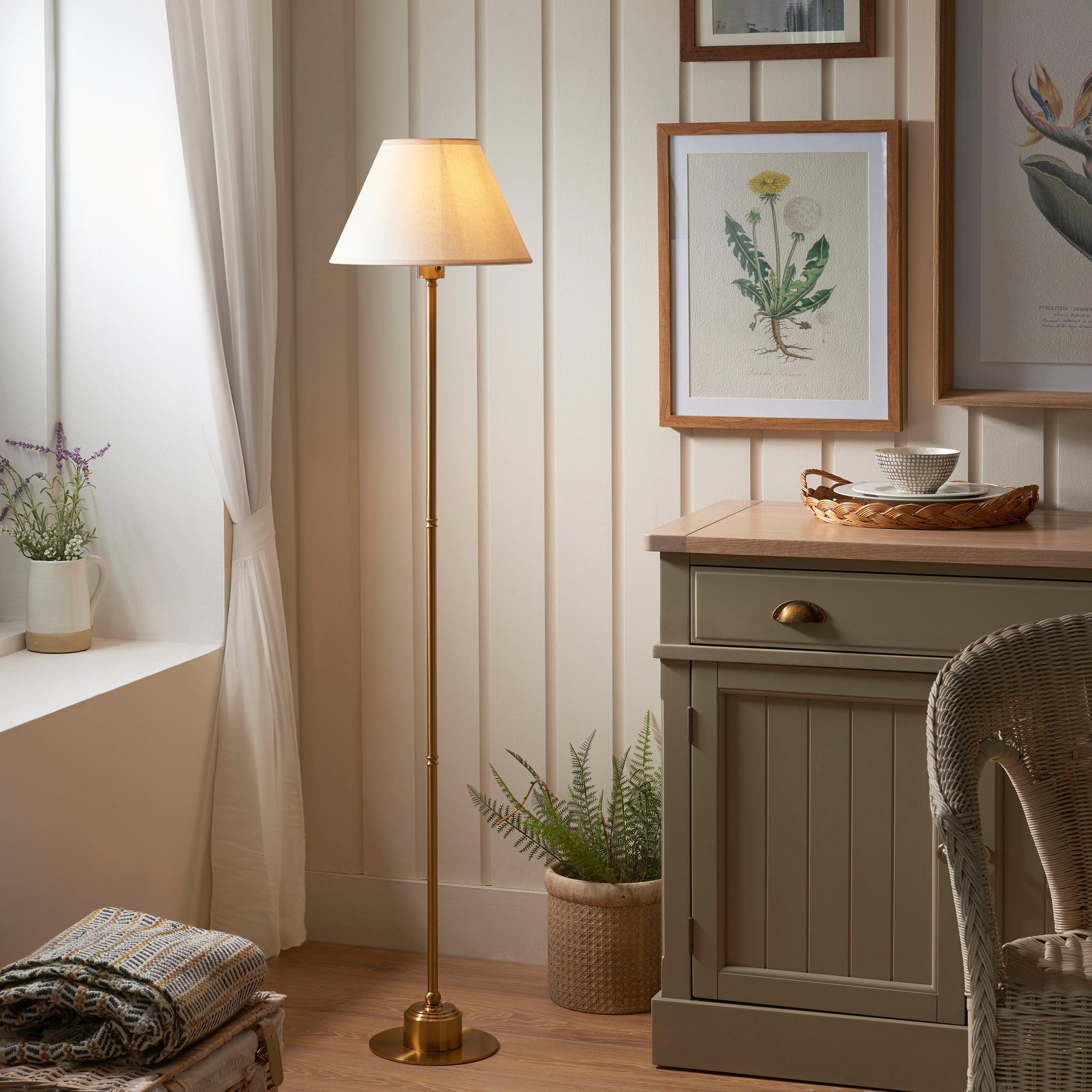 Burley Rechargeable Brass Floor Lamp & Ivy 30cm Vintage White Shade