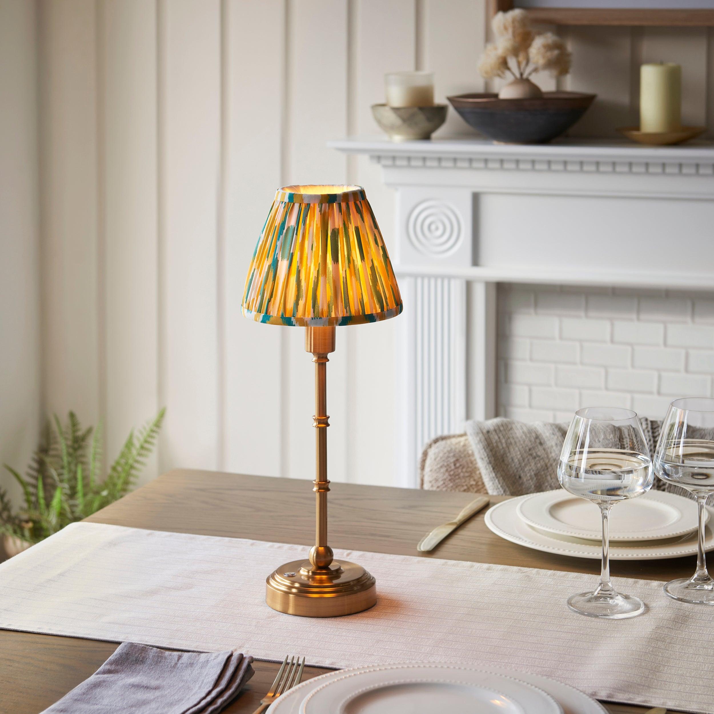 Burley Rechargeable Table Lamp & Ikat 16cm Yellow & Jade Shade
