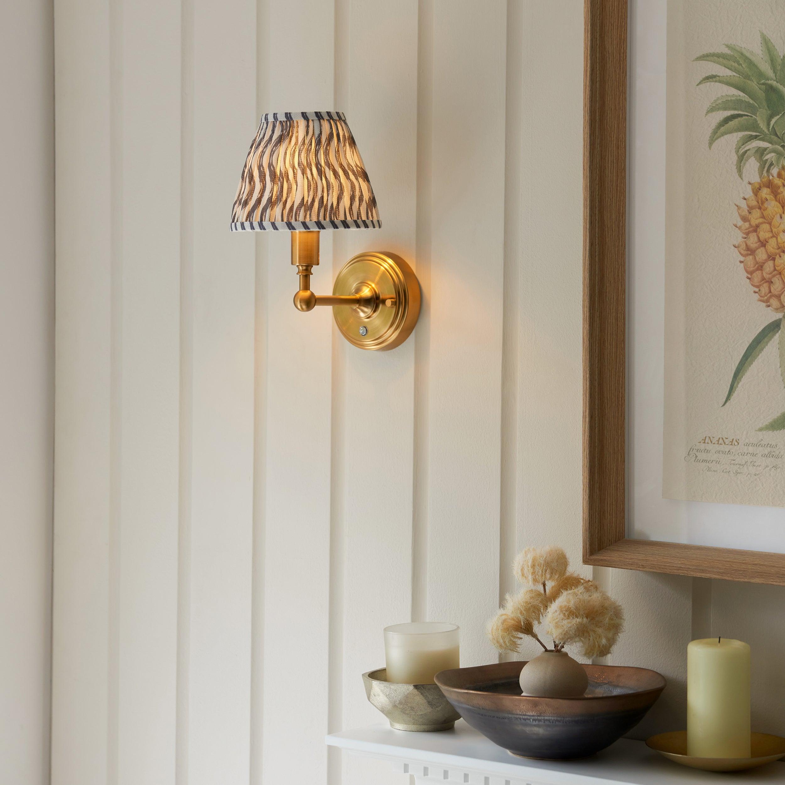 Burley Rechargeable Brass Wall Light & Ripple 16cm Pearl Grey Shade