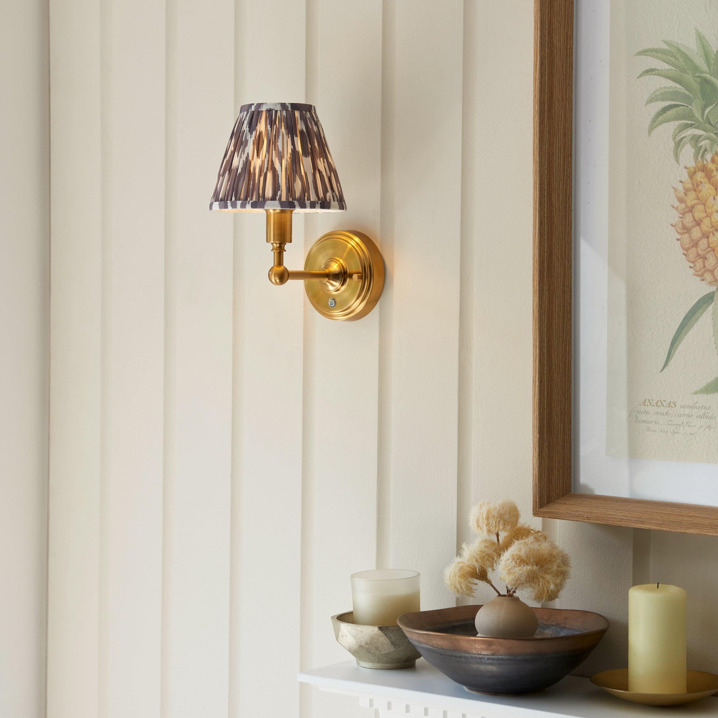Burley Rechargeable Brass Wall Light & Ikat 16cm Pearl Grey Shade