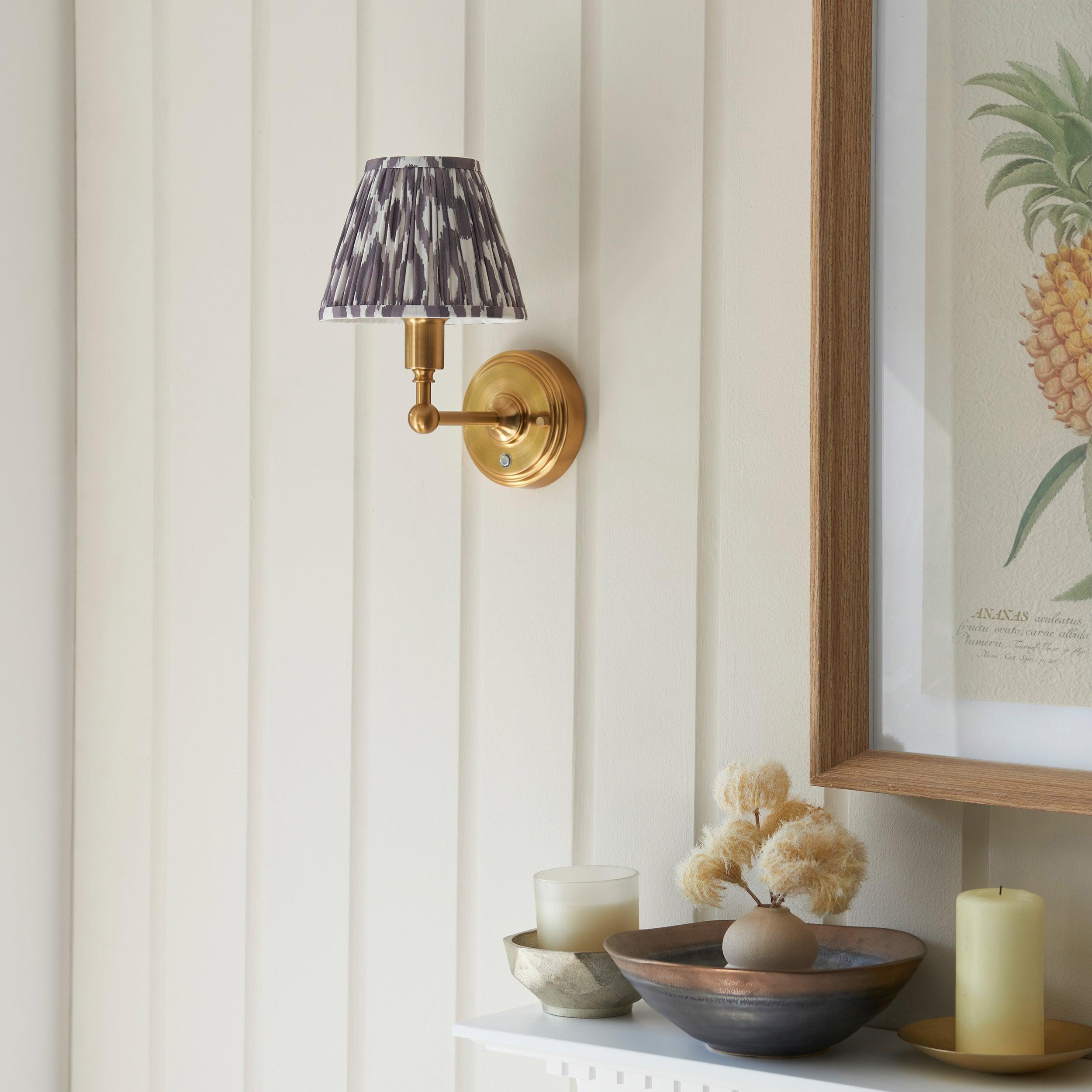 Burley Rechargeable Brass Wall Light & Ikat 16cm Pearl Grey Shade