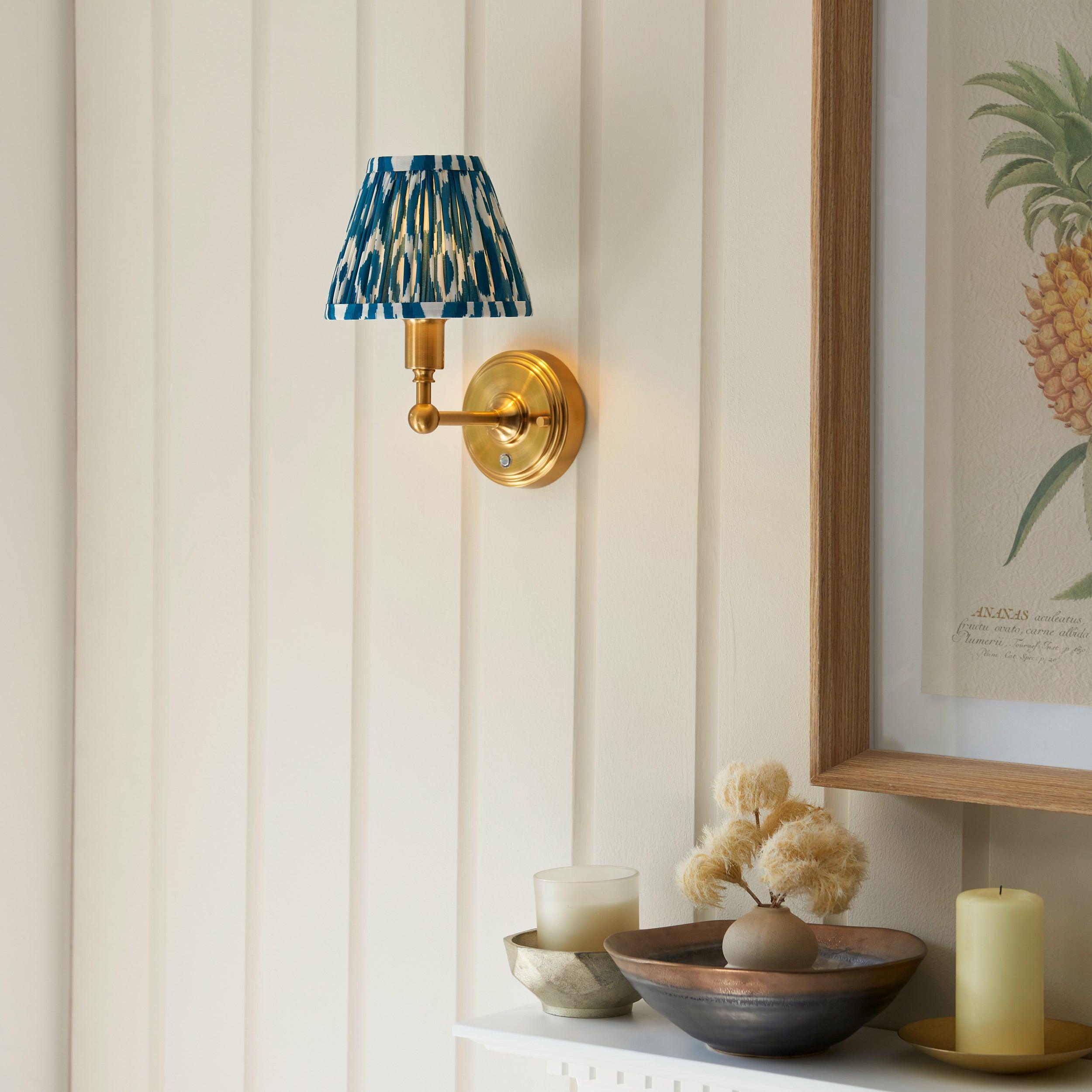 Burley Rechargeable Brass Wall Light & Ikat 16cm Marlin Blue Shade