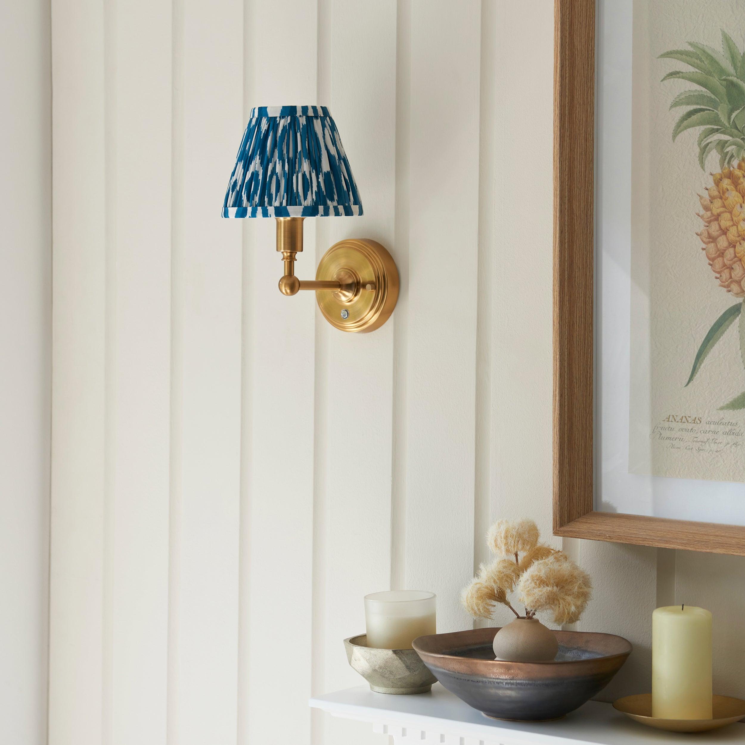Burley Rechargeable Brass Wall Light & Ikat 16cm Marlin Blue Shade