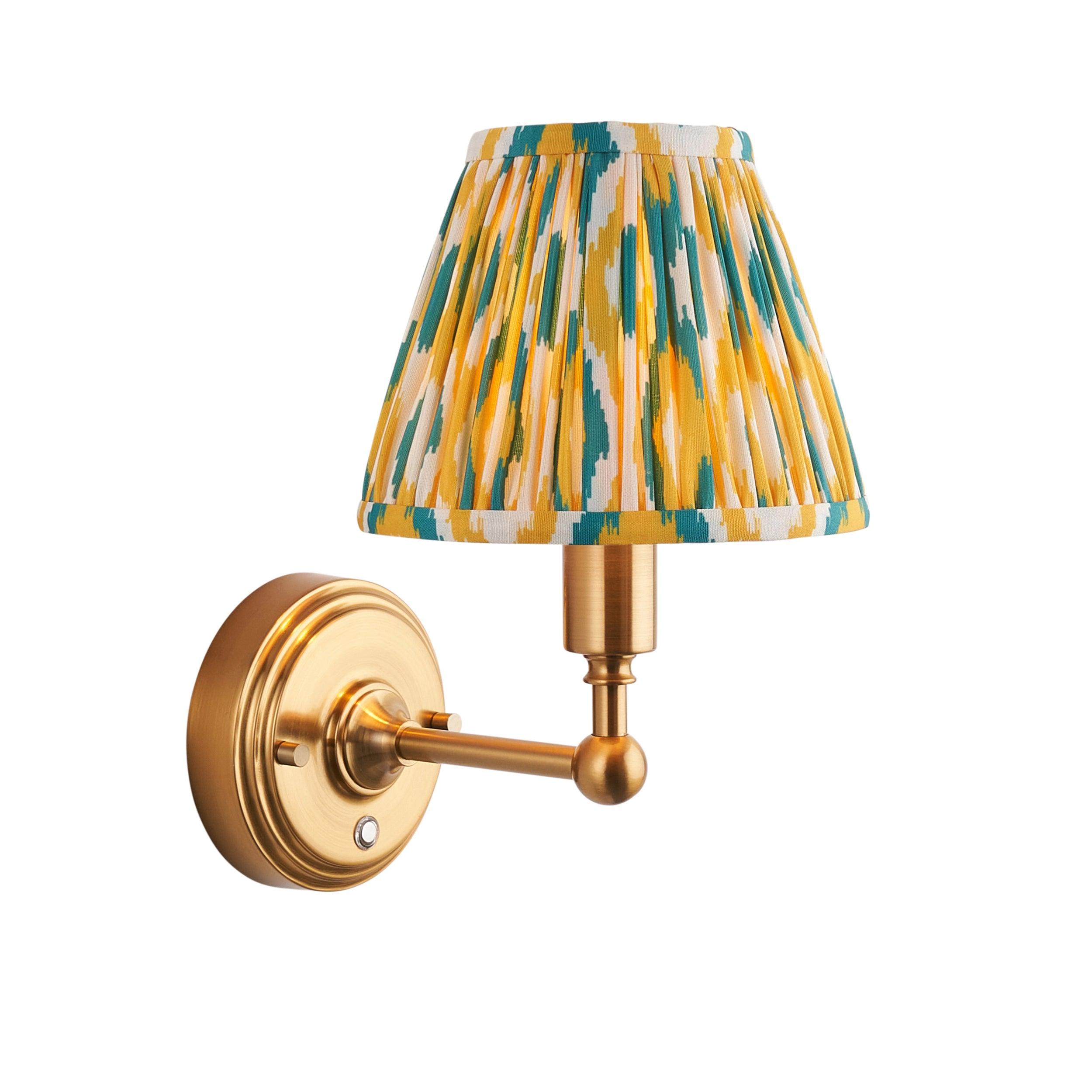 Burley Rechargeable Brass Wall Light & Ikat 16cm Yellow & Jade Shade
