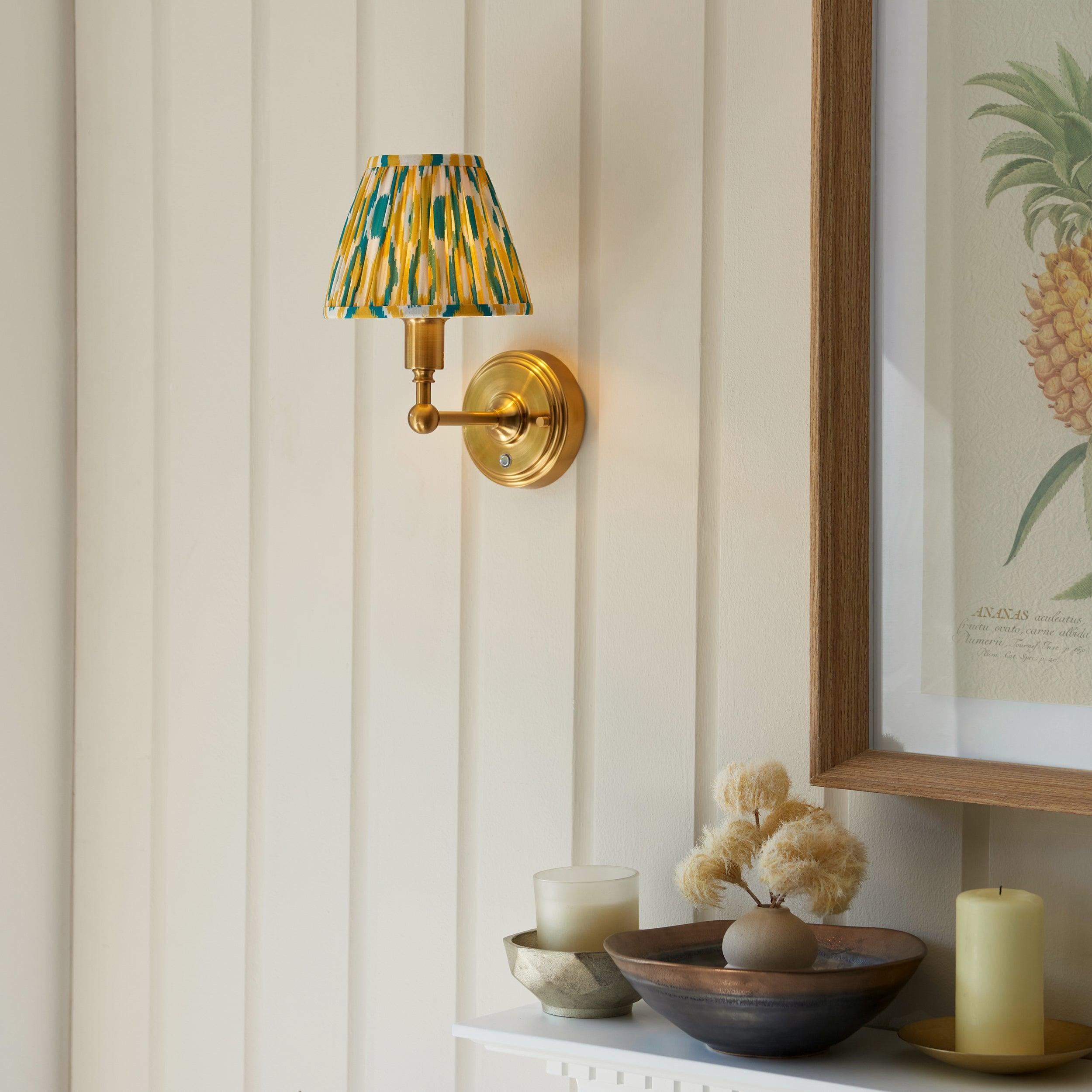 Burley Rechargeable Brass Wall Light & Ikat 16cm Yellow & Jade Shade
