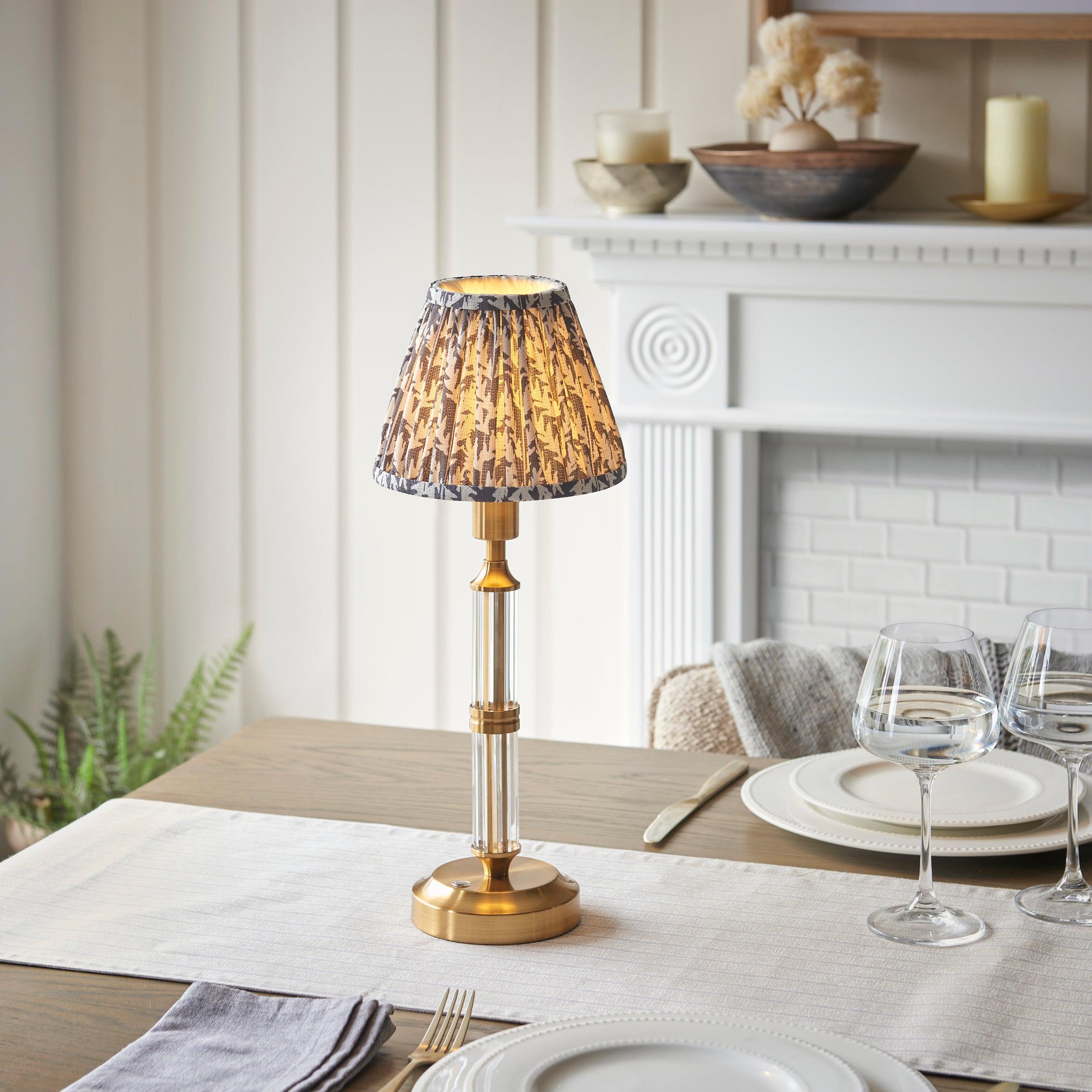 Morton Rechargeable Table Lamp & Leaf 16cm Pearl Grey Shade