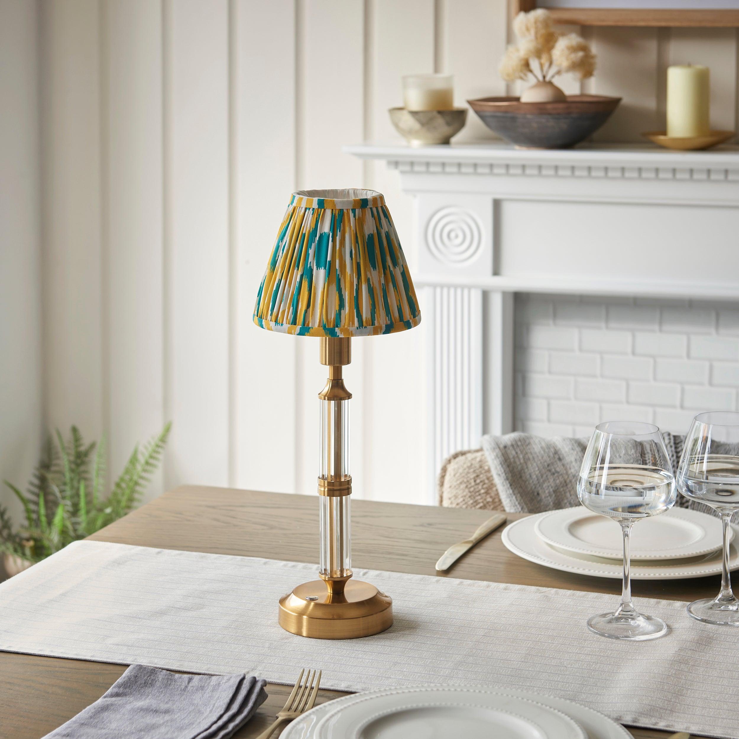 Morton Rechargeable Table Lamp & Ikat 16cm Yellow & Jade Shade