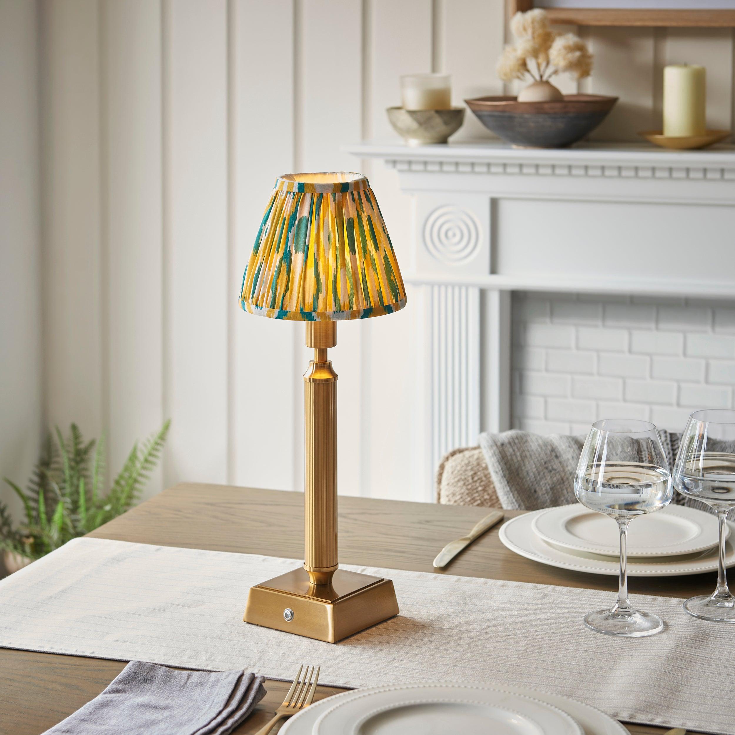 Trobridge Rechargeable Table Lamp & Ikat 16cm Yellow & Jade Shade
