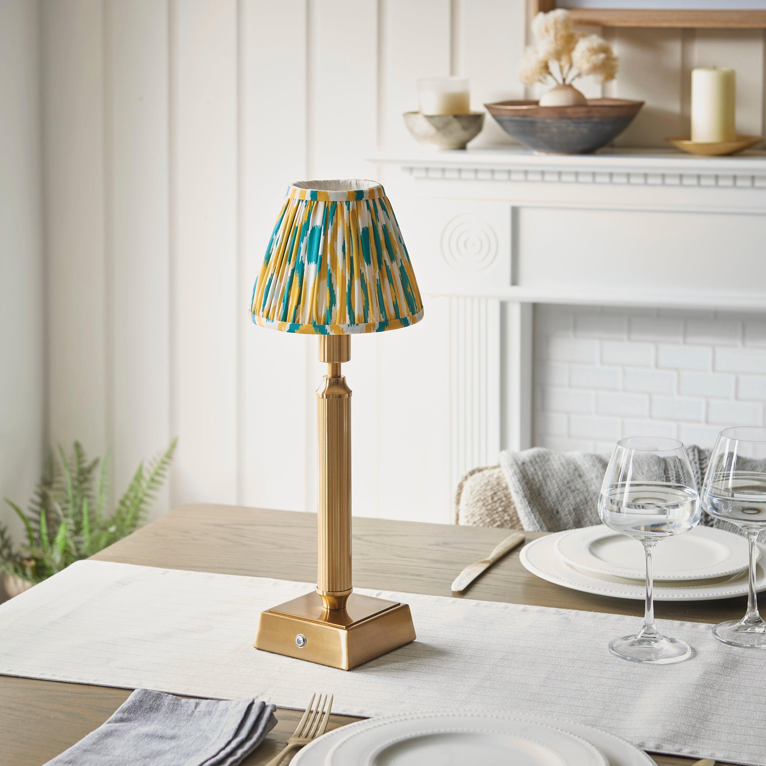 Trobridge Rechargeable Table Lamp & Ikat 16cm Yellow & Jade Shade