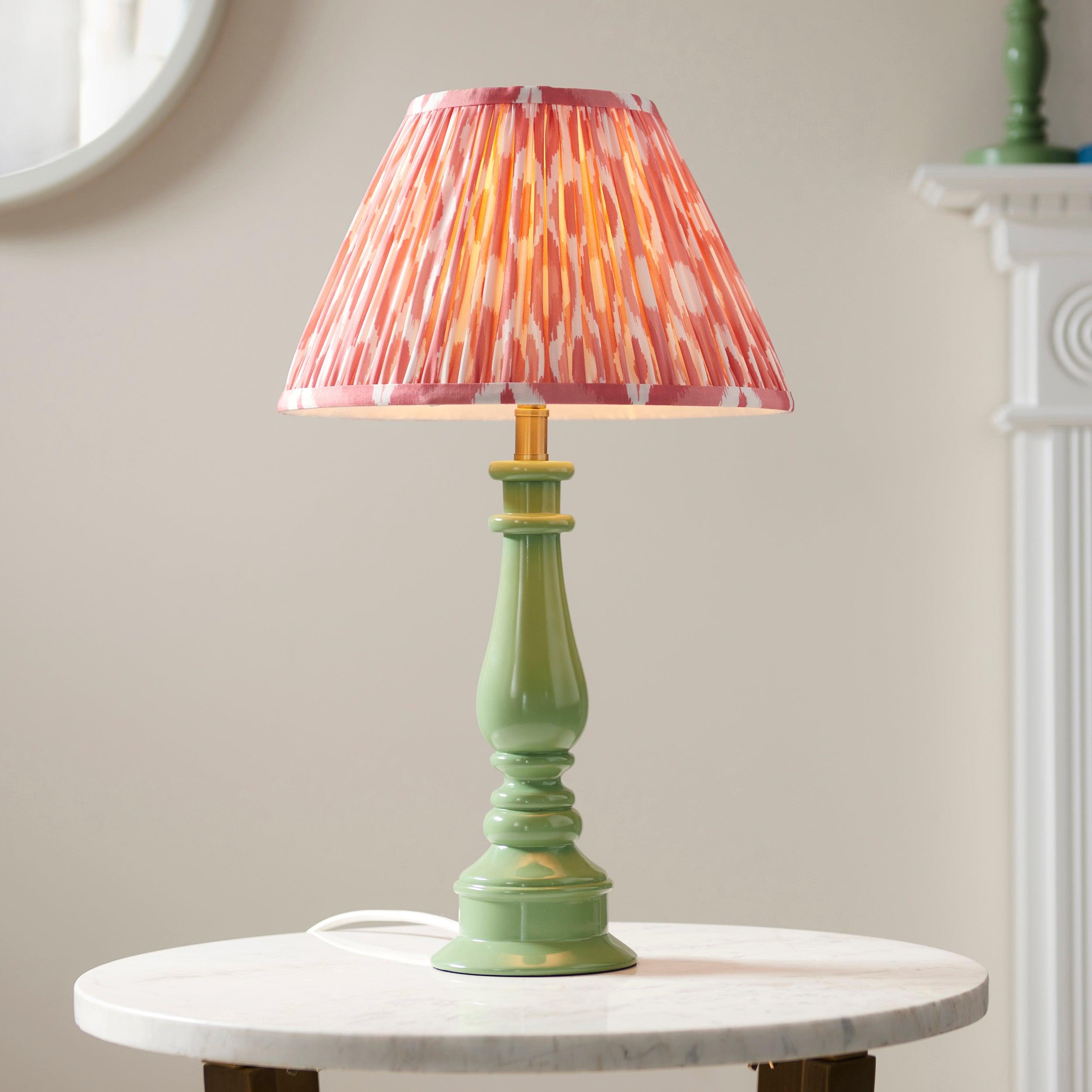 Myrtle Green Table Lamp & Ikat 30cm Coral Pink Shade