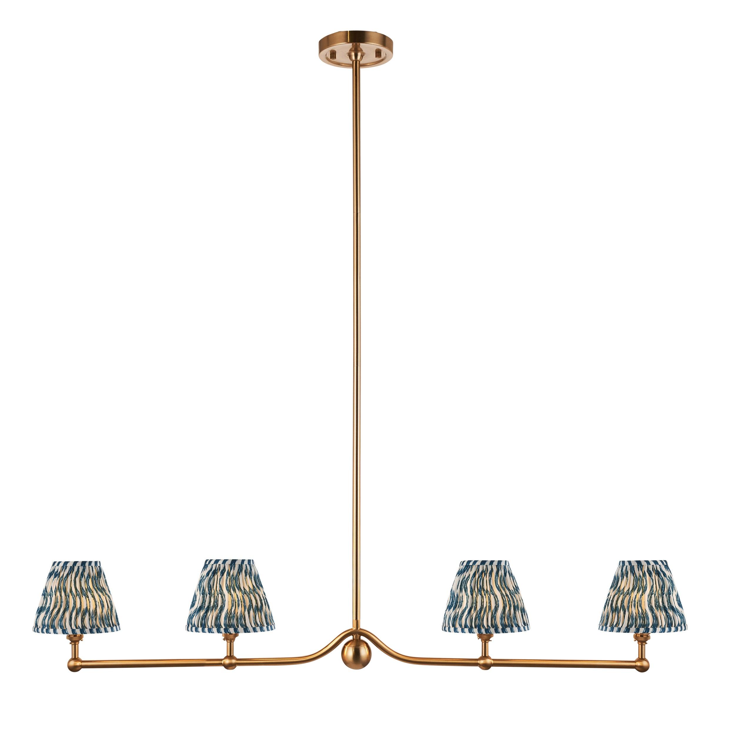 Santiago Brass 4 Light Pendant Ceiling Light With Blue Ripple 16cm Shades