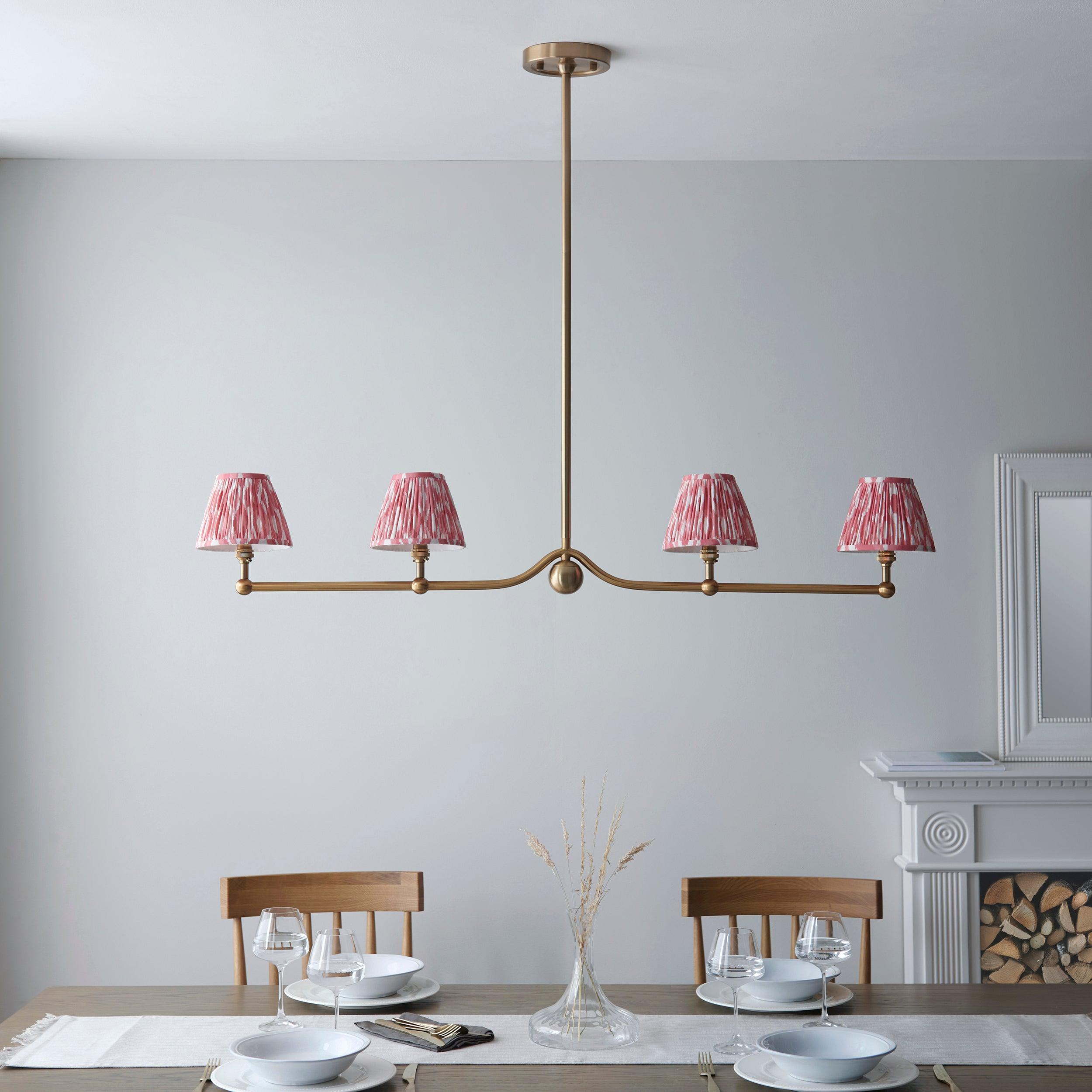 Santiago Brass 4 Light Pendant Ceiling Light With Pink Ikat 16cm Shades