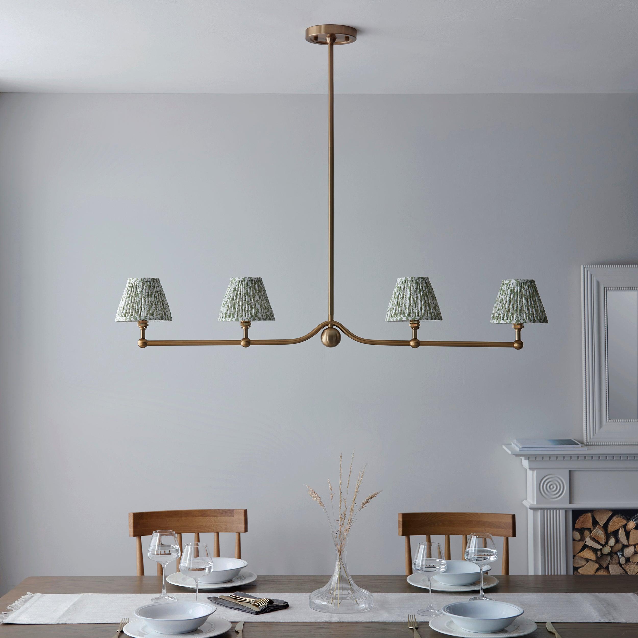 Santiago Brass 4 Light Pendant Ceiling Light With Green Leaf 16cm Shades