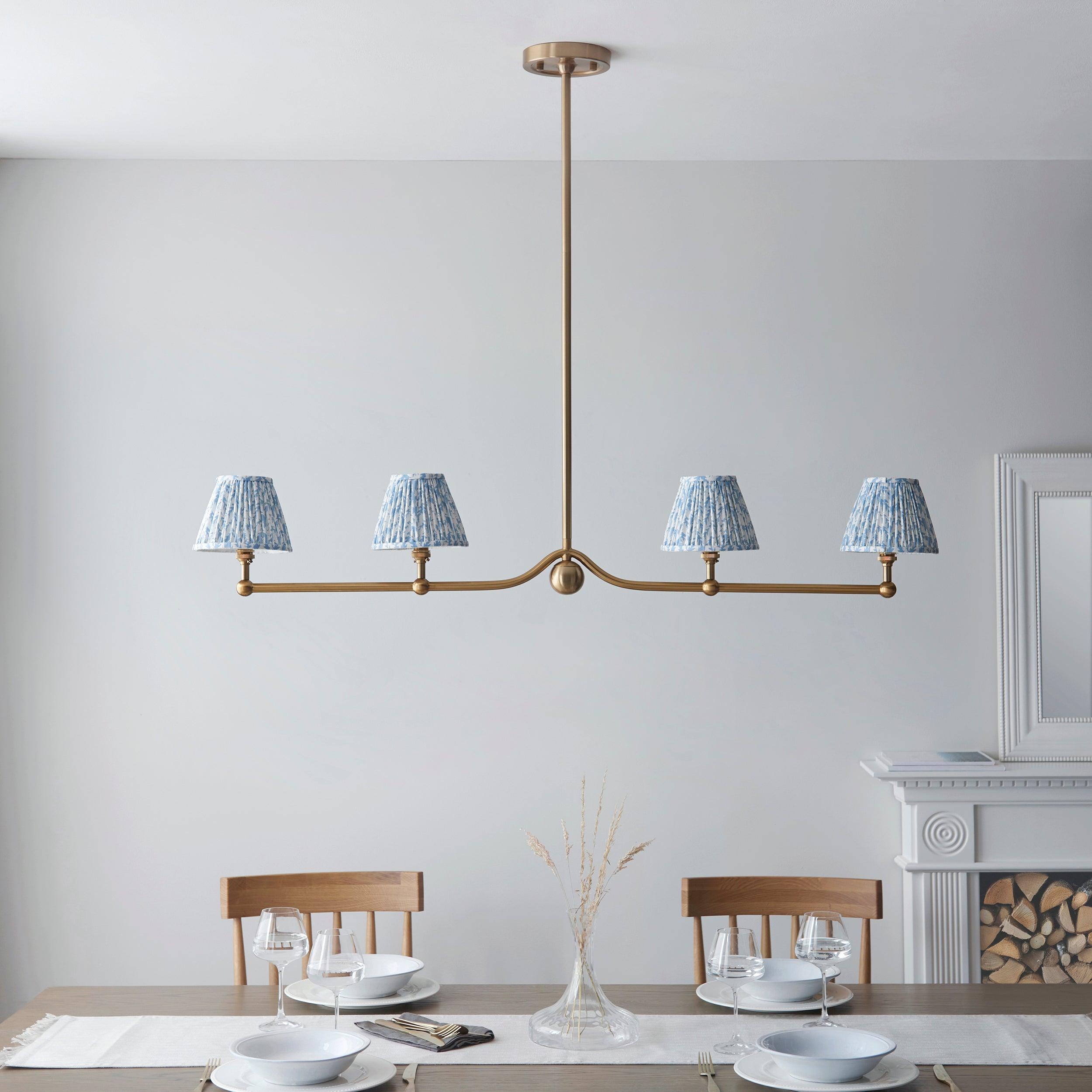 Santiago Brass 4 Light Pendant Ceiling Light With Blue Leaf 16cm Shades