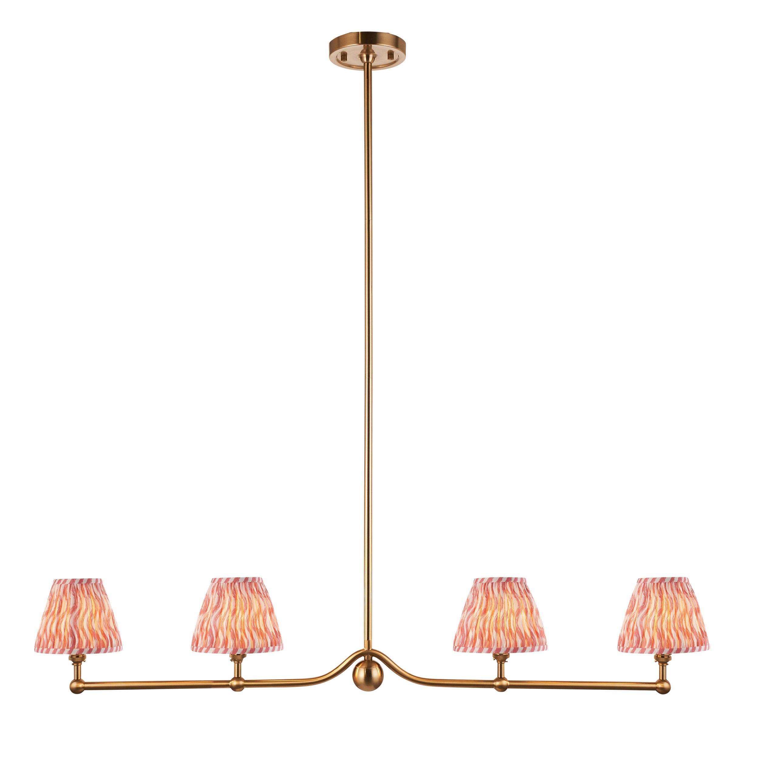 Santiago Brass 4 Light Pendant Ceiling Light With Pink Ripple 16cm Shades