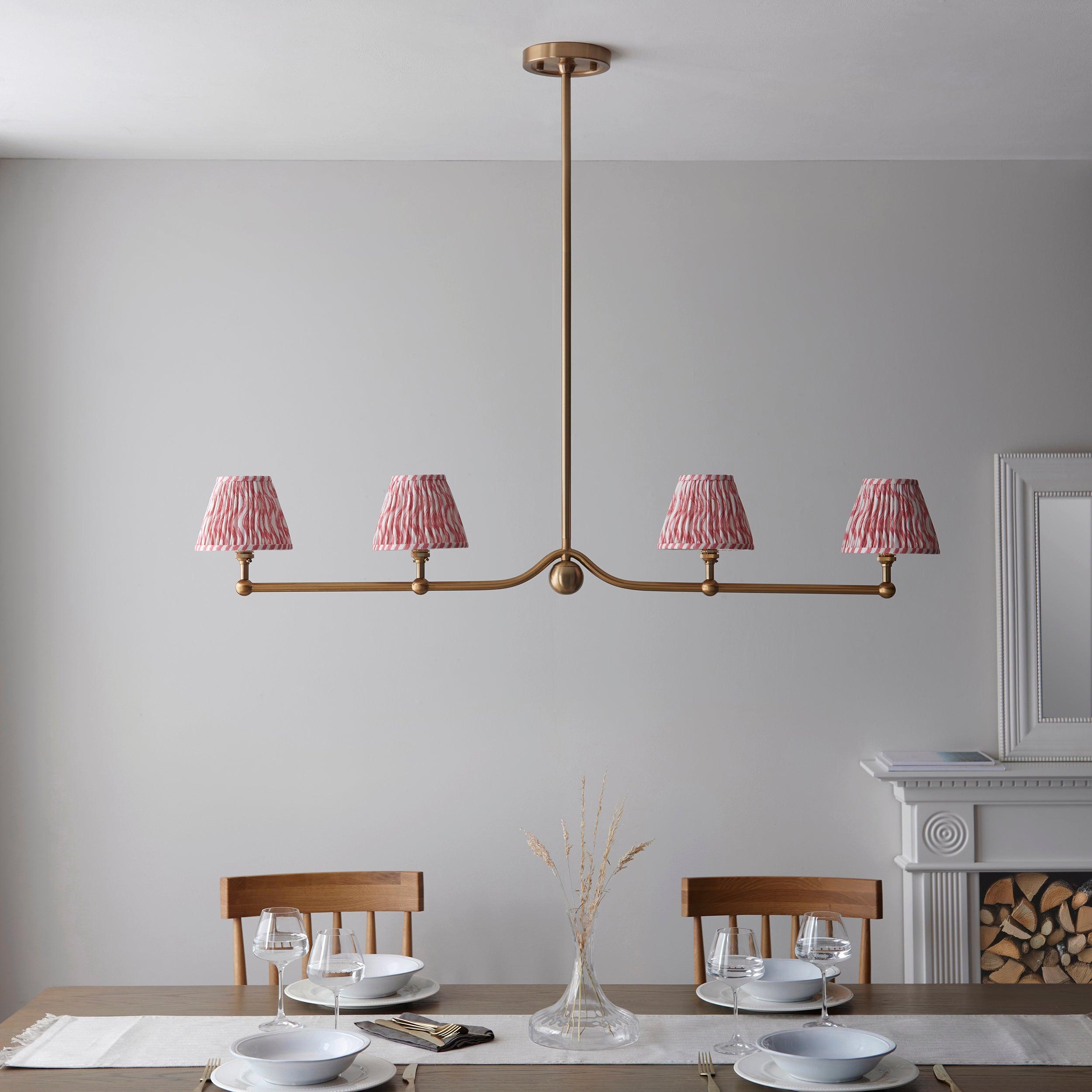 Santiago Brass 4 Light Pendant Ceiling Light With Pink Ripple 16cm Shades