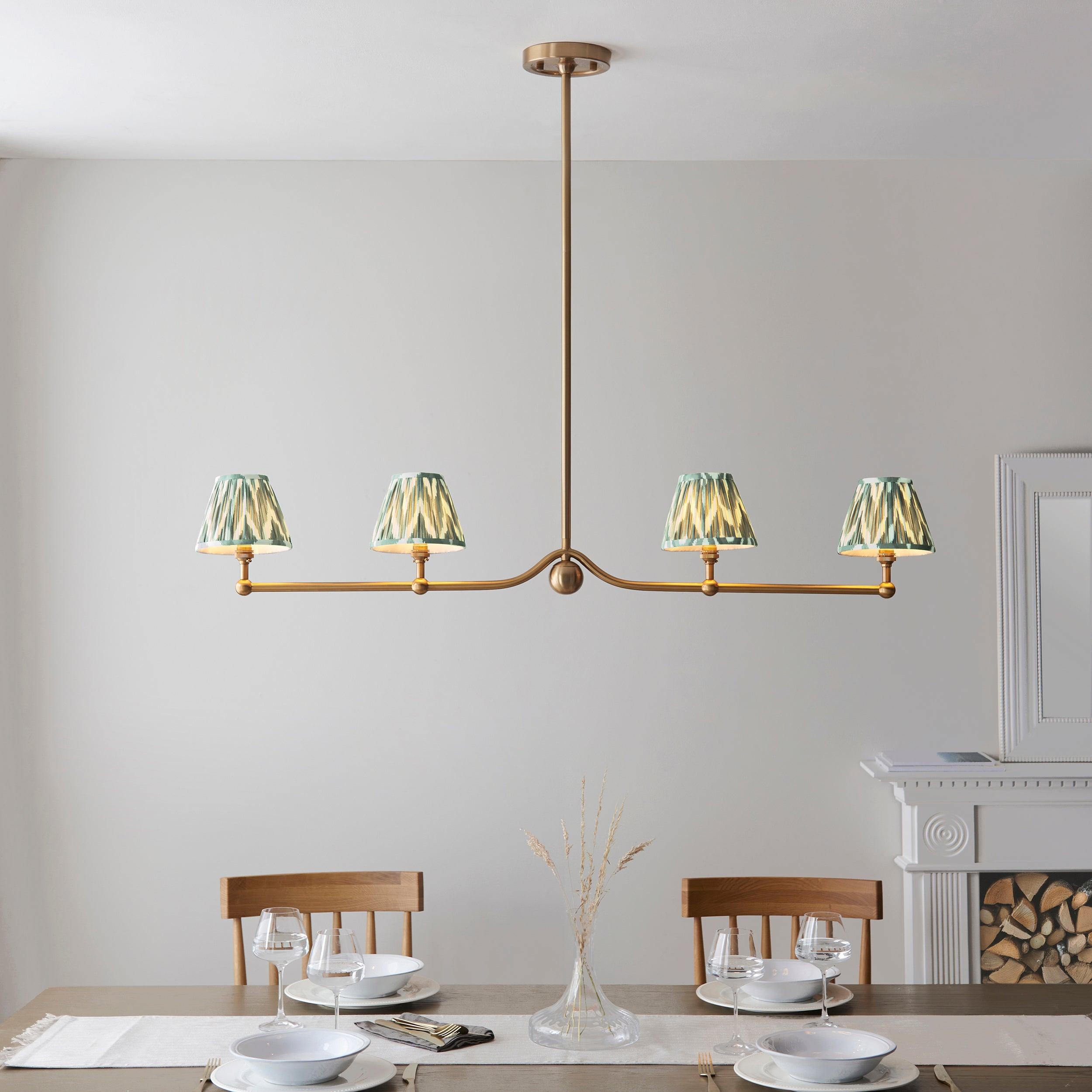 Santiago Brass 4 Light Pendant Ceiling Light With Green Zigzag 16cm Shades