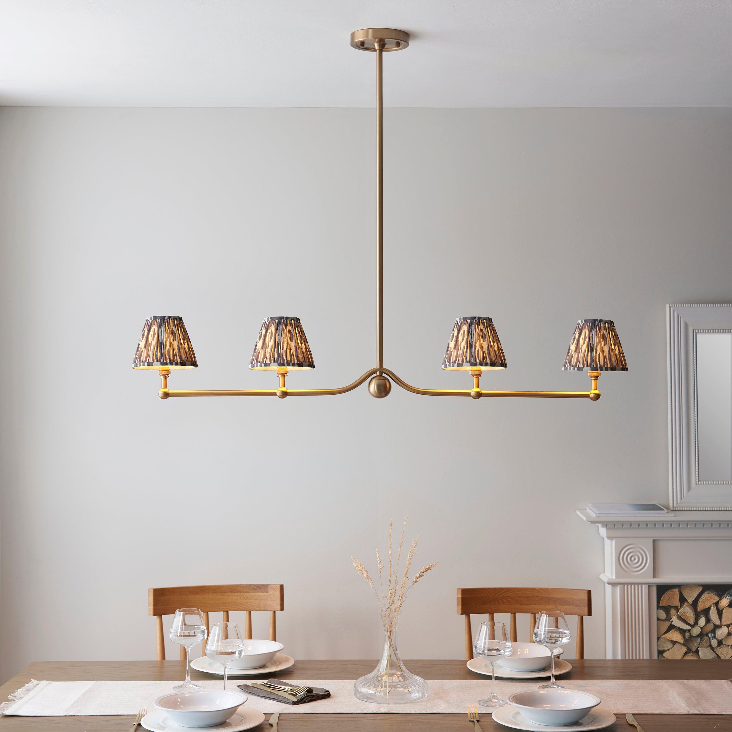 Santiago Brass 4 Light Pendant Ceiling Light With Grey Ikat 16cm Shades