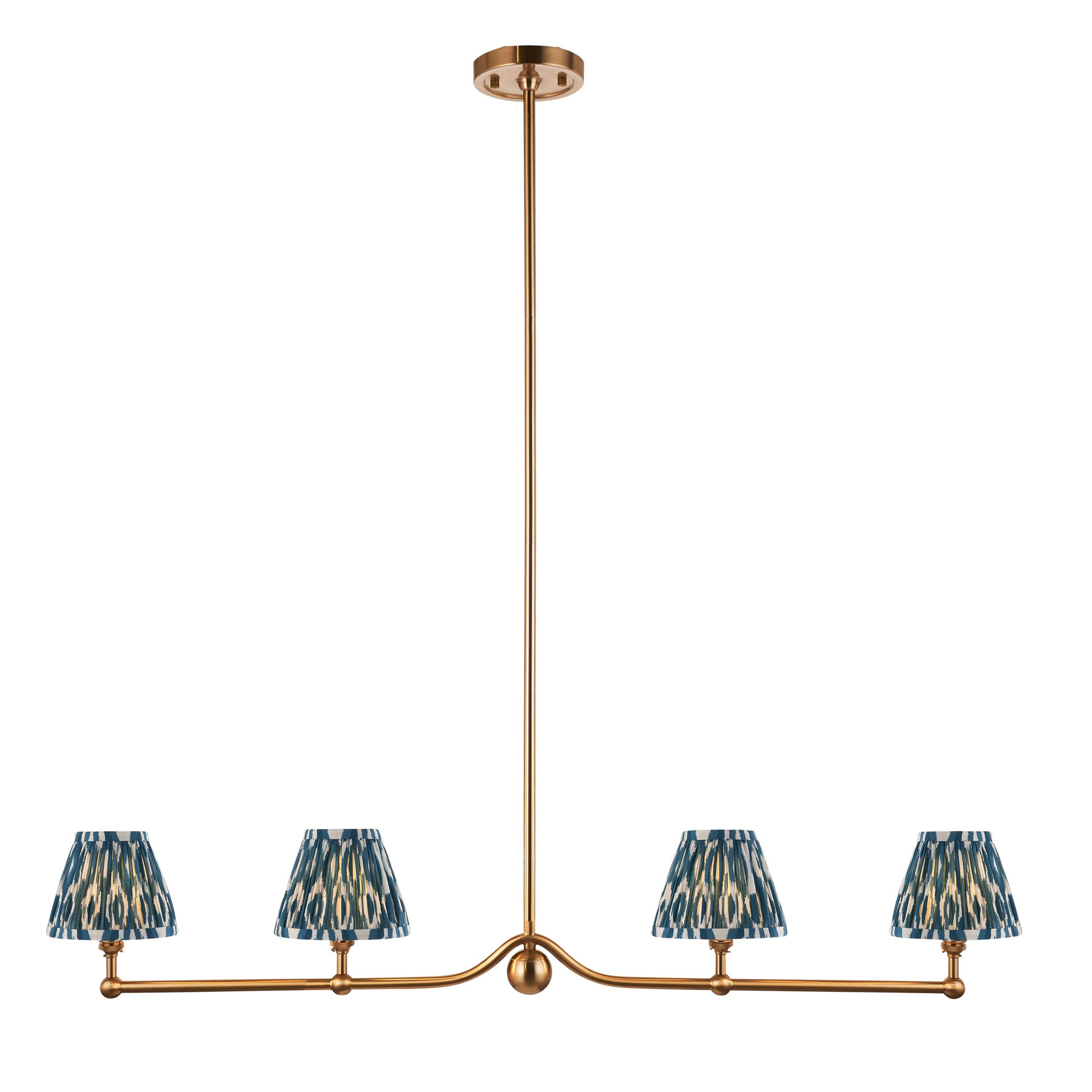 Santiago Brass 4 Light Pendant Ceiling Light With Blue Ikat 16cm Shades
