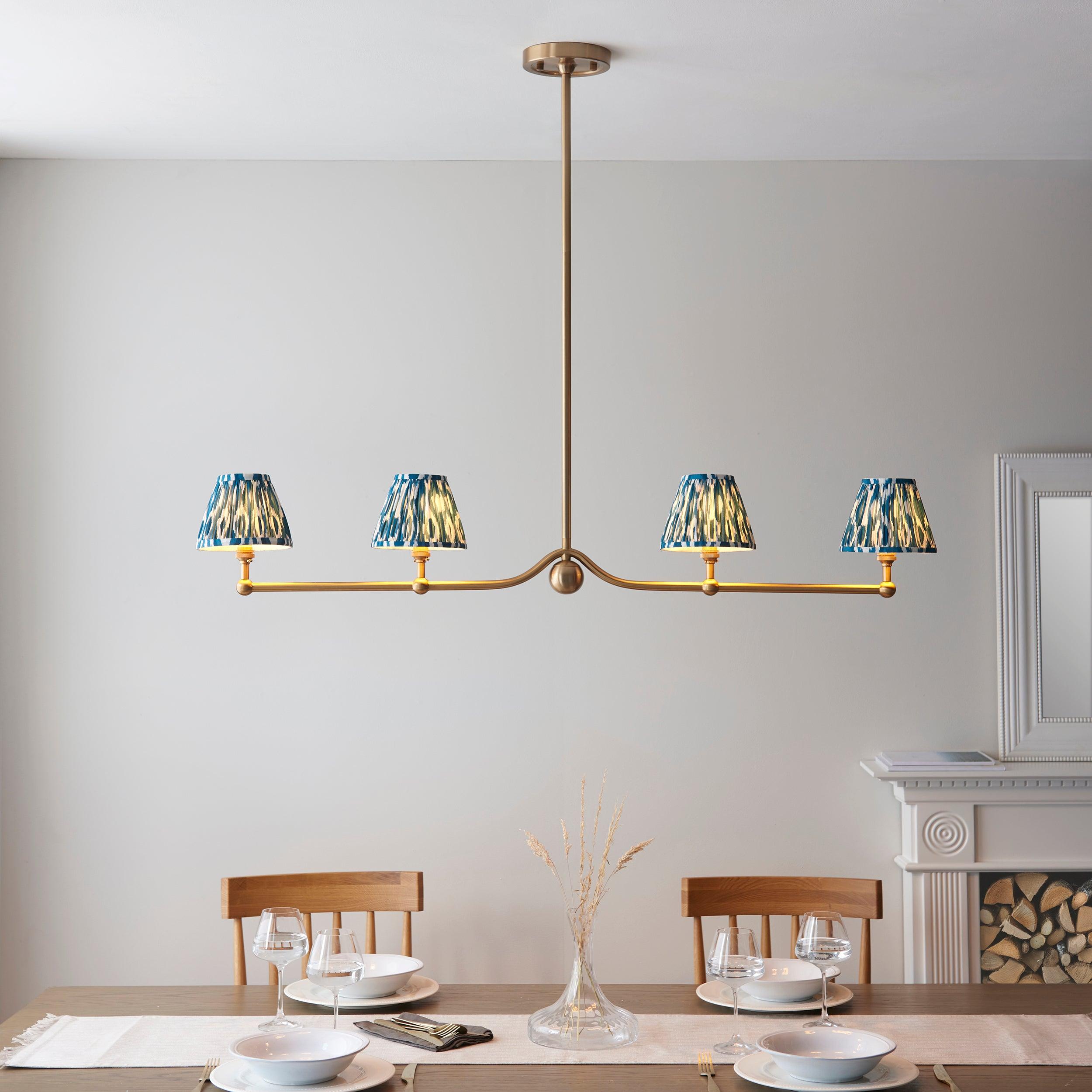 Santiago Brass 4 Light Pendant Ceiling Light With Blue Ikat 16cm Shades