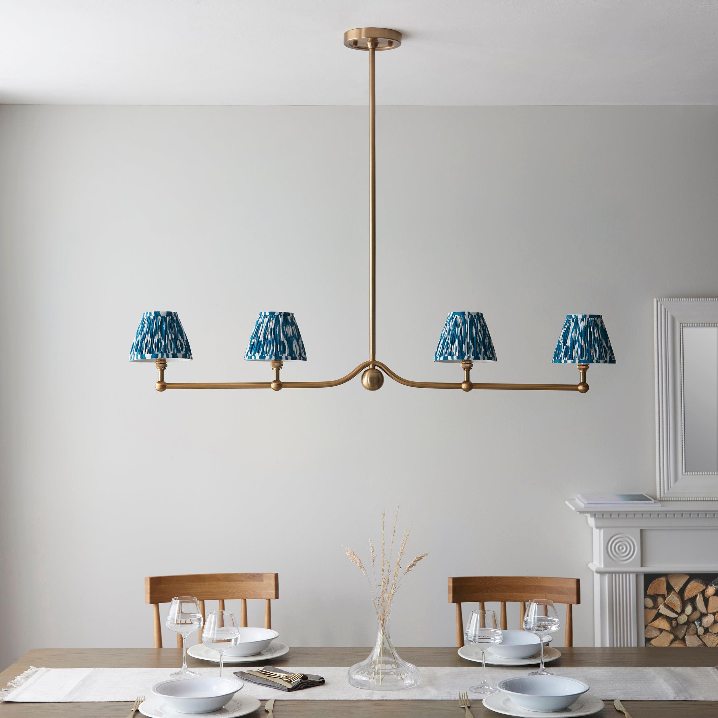 Santiago Brass 4 Light Pendant Ceiling Light With Blue Ikat 16cm Shades