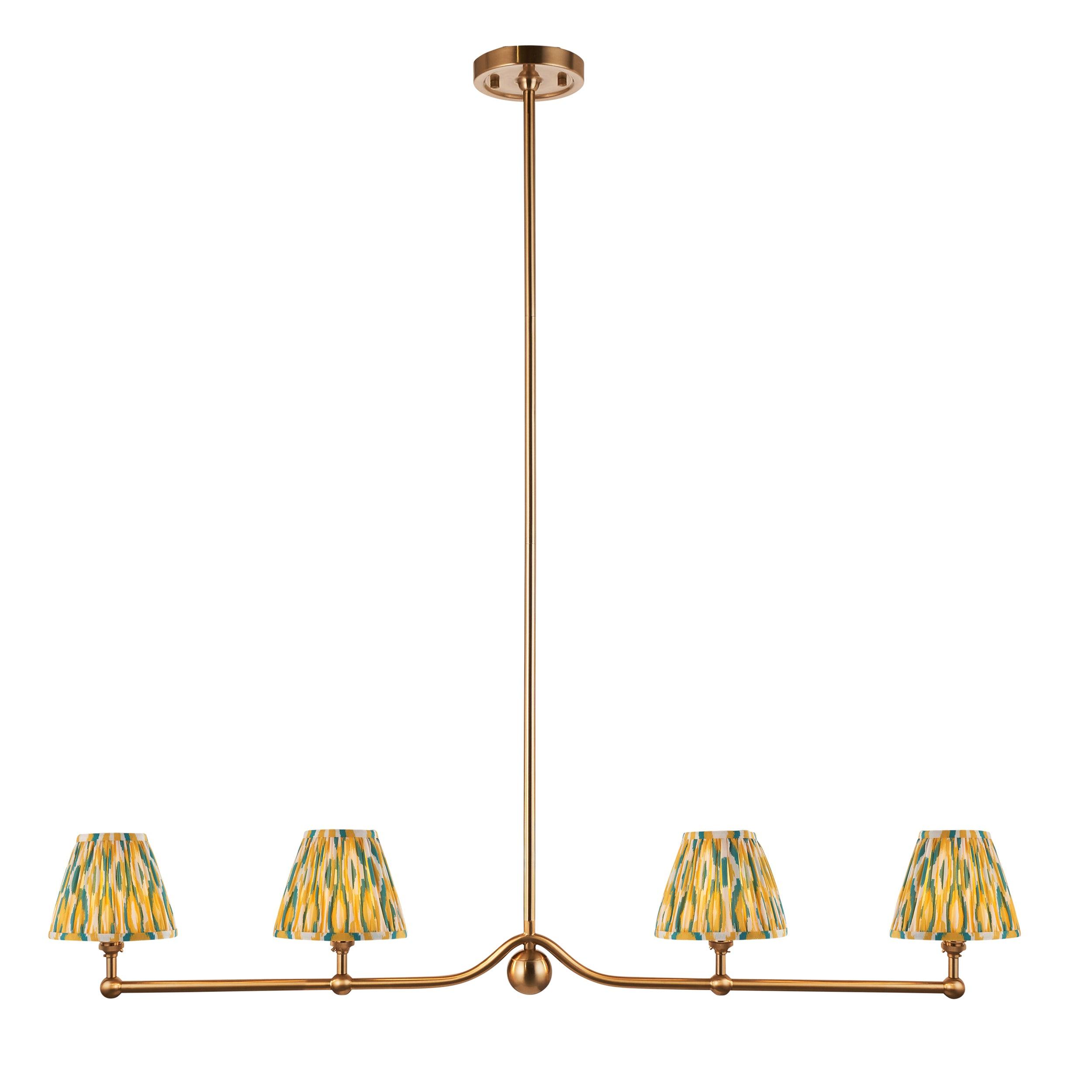 Santiago Brass 4 Light Pendant Ceiling Light With Yellow & Jade Ikat 16cm Shades