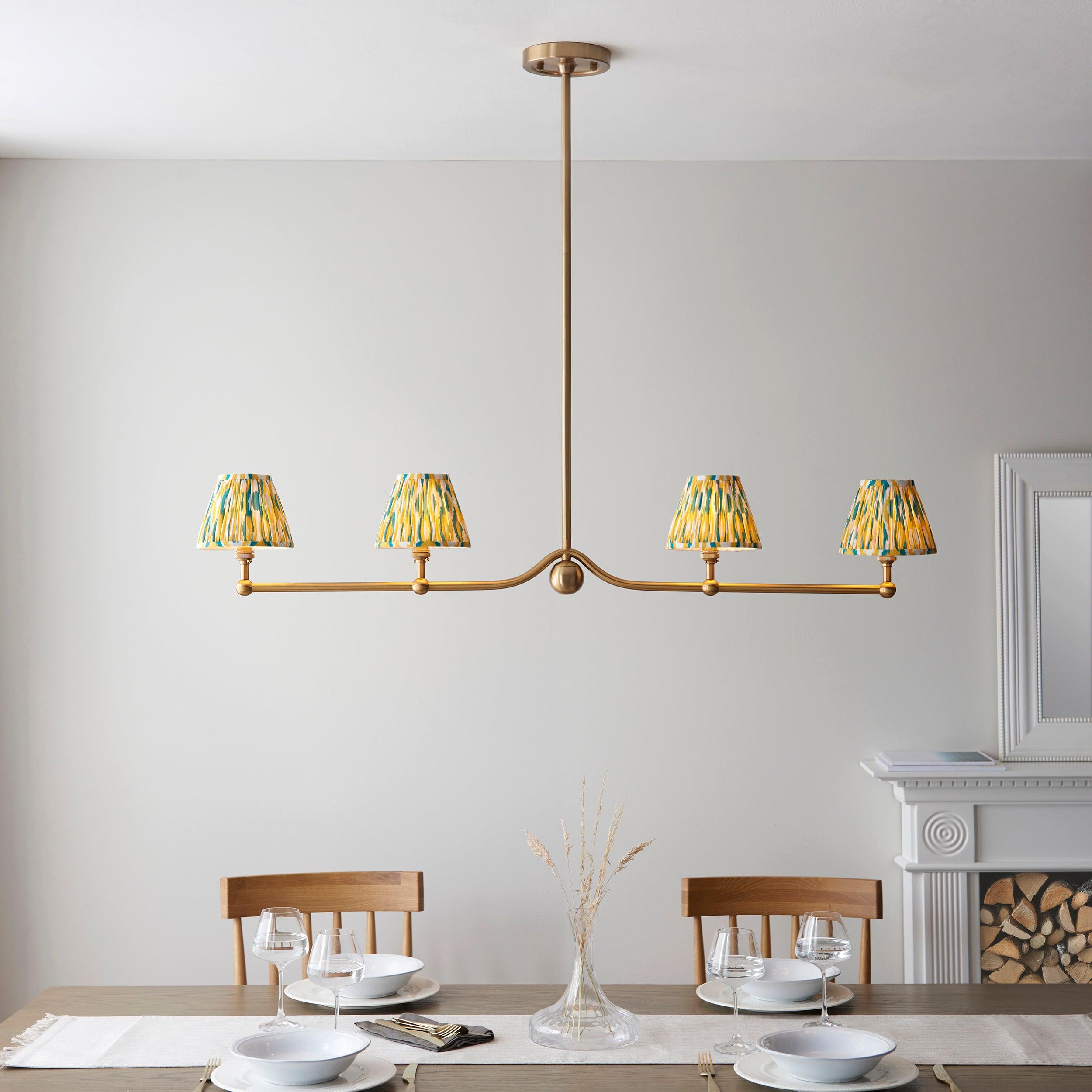 Santiago Brass 4 Light Pendant Ceiling Light With Yellow & Jade Ikat 16cm Shades
