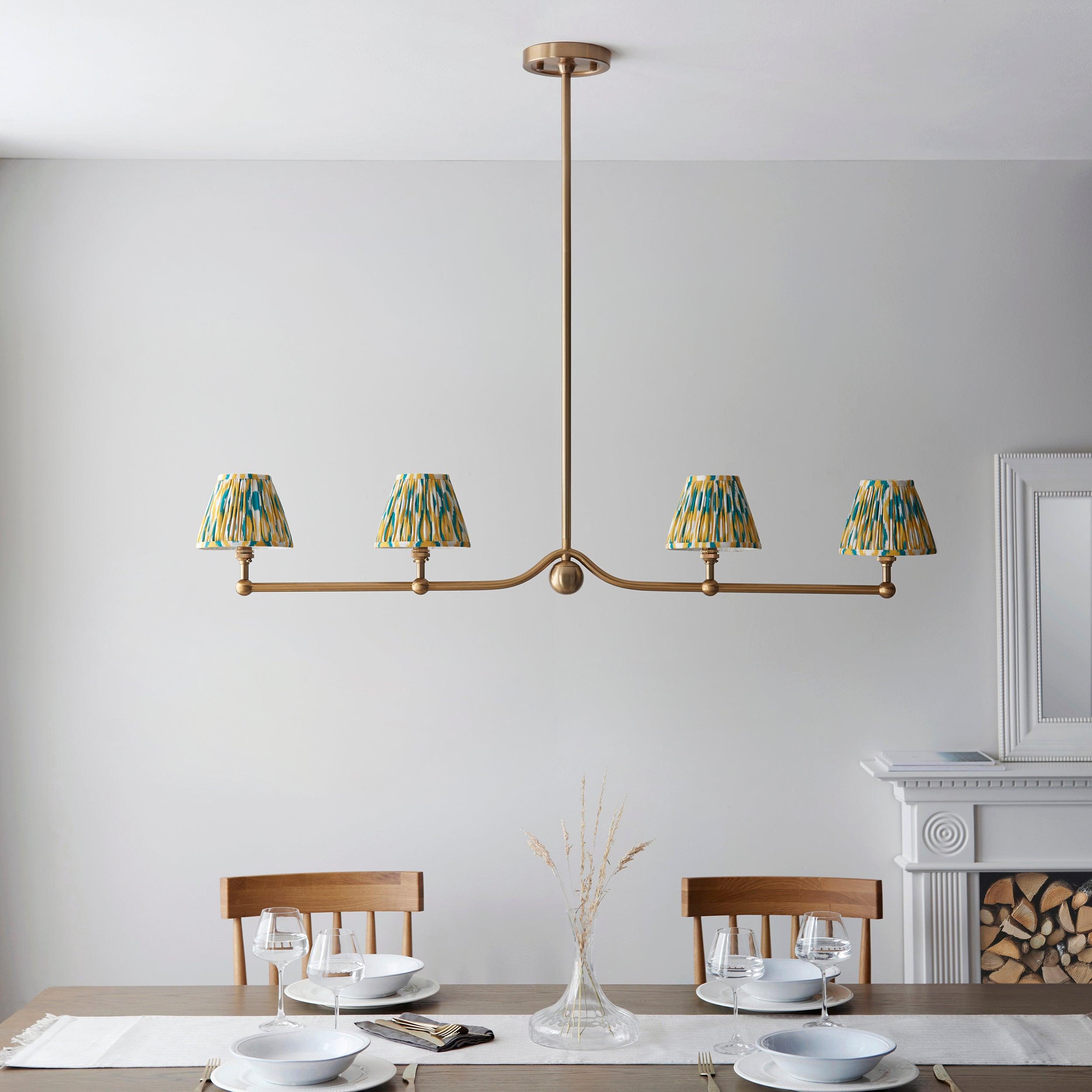 Santiago Brass 4 Light Pendant Ceiling Light With Yellow & Jade Ikat 16cm Shades