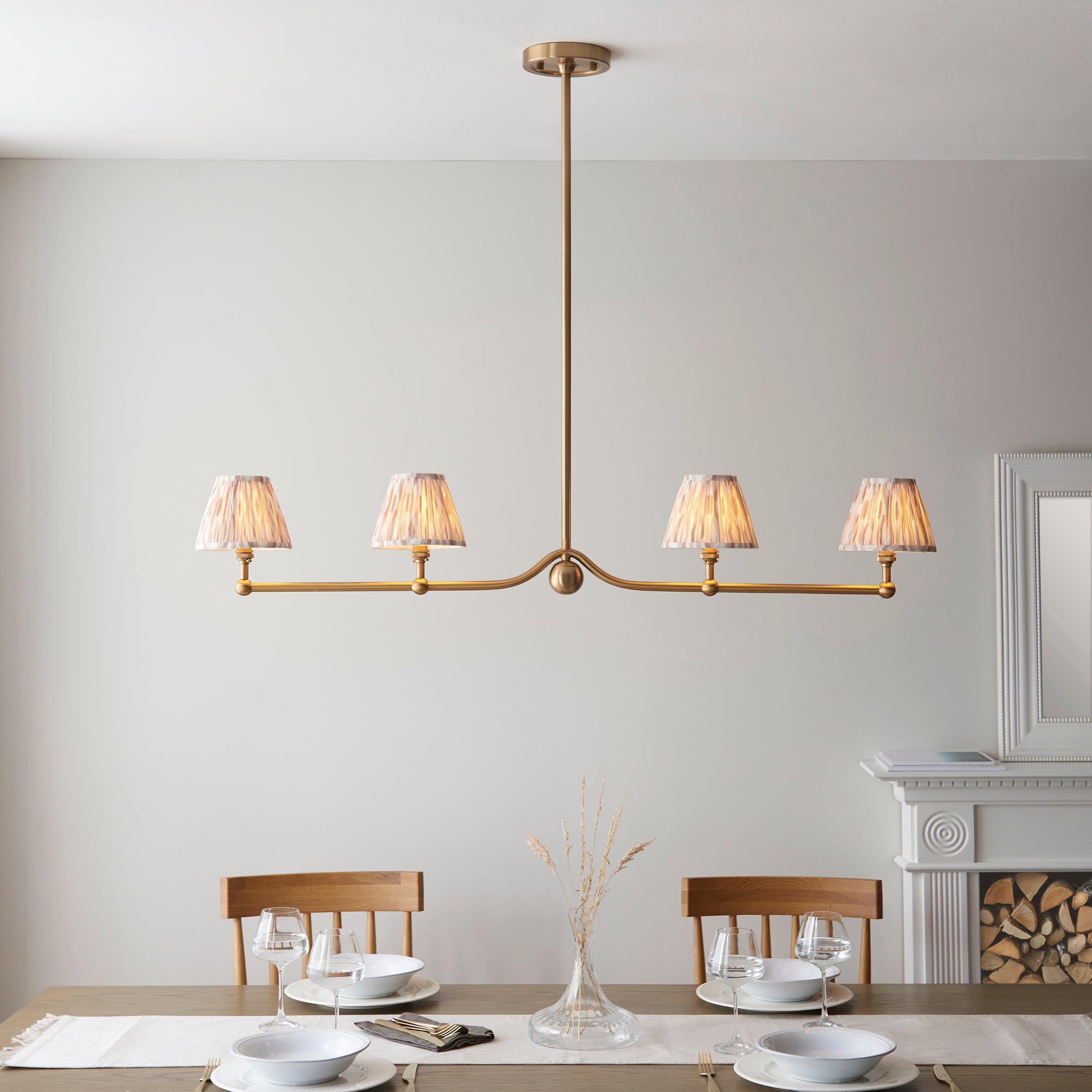 Santiago Brass 4 Light Pendant Ceiling Light With Neutral Ikat 16cm Shades