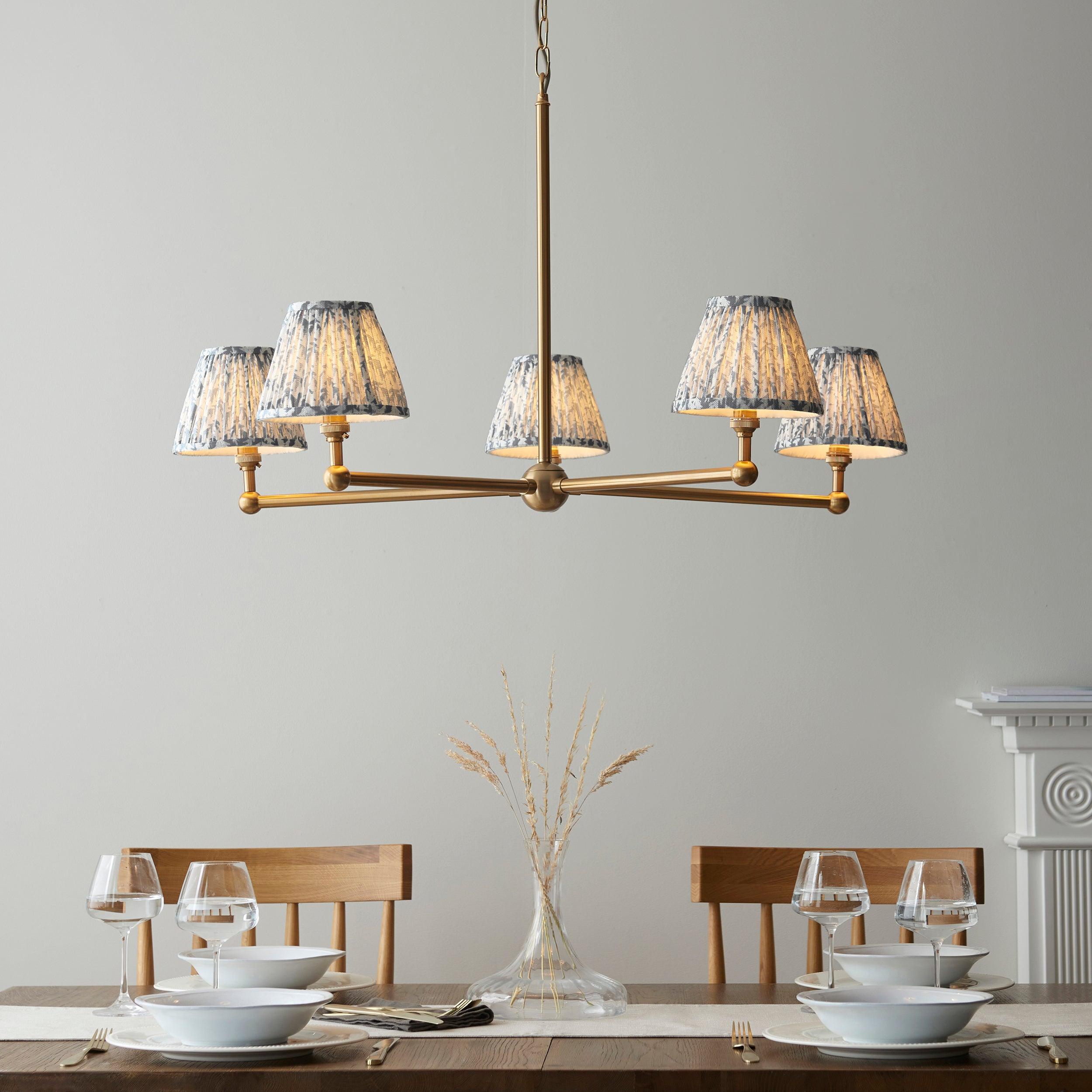 Santiago Brass 5 Light Pendant Ceiling Light With Grey Leaf 16cm Shades