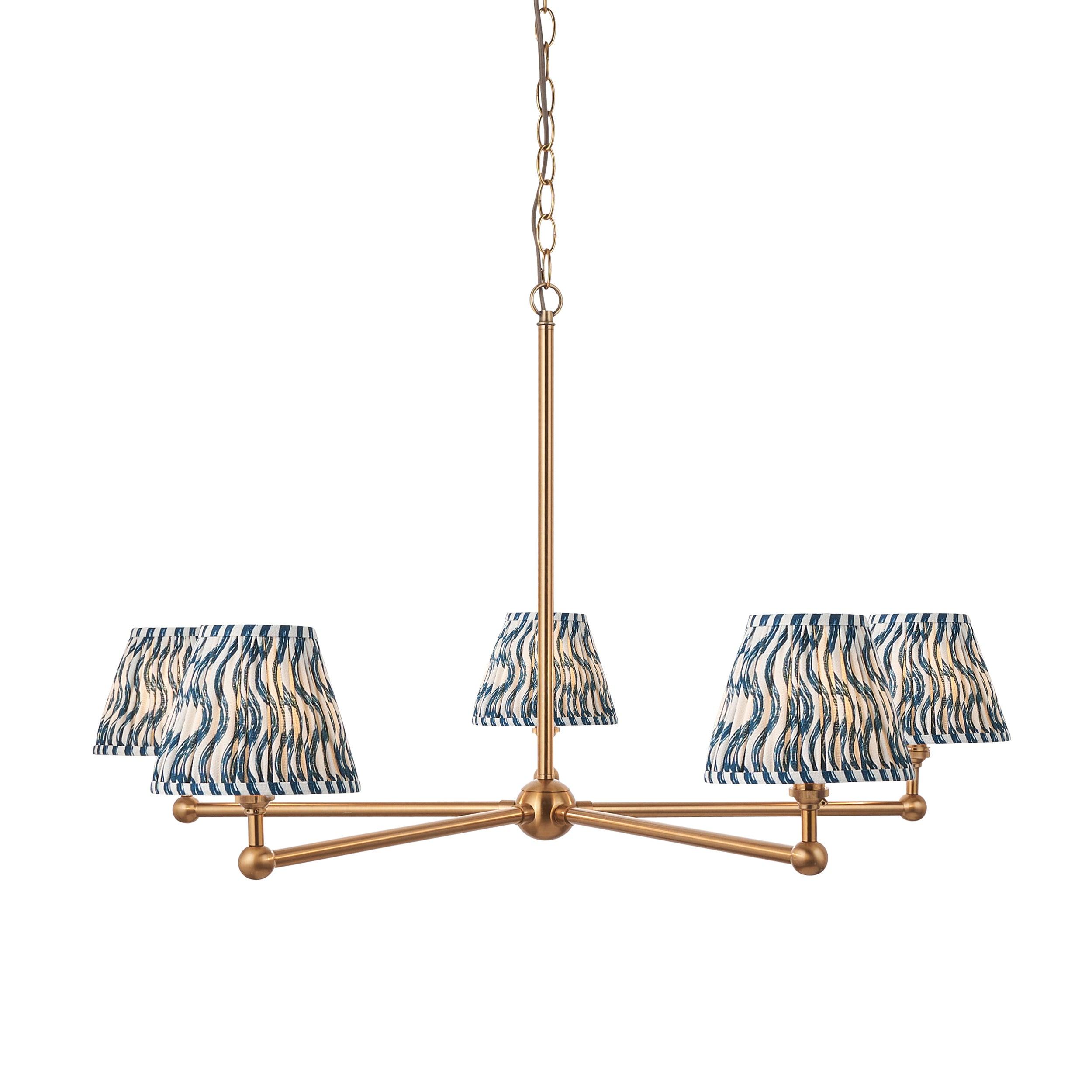 Santiago Brass 5 Light Pendant Ceiling Light With Blue RIpple 16cm Shades
