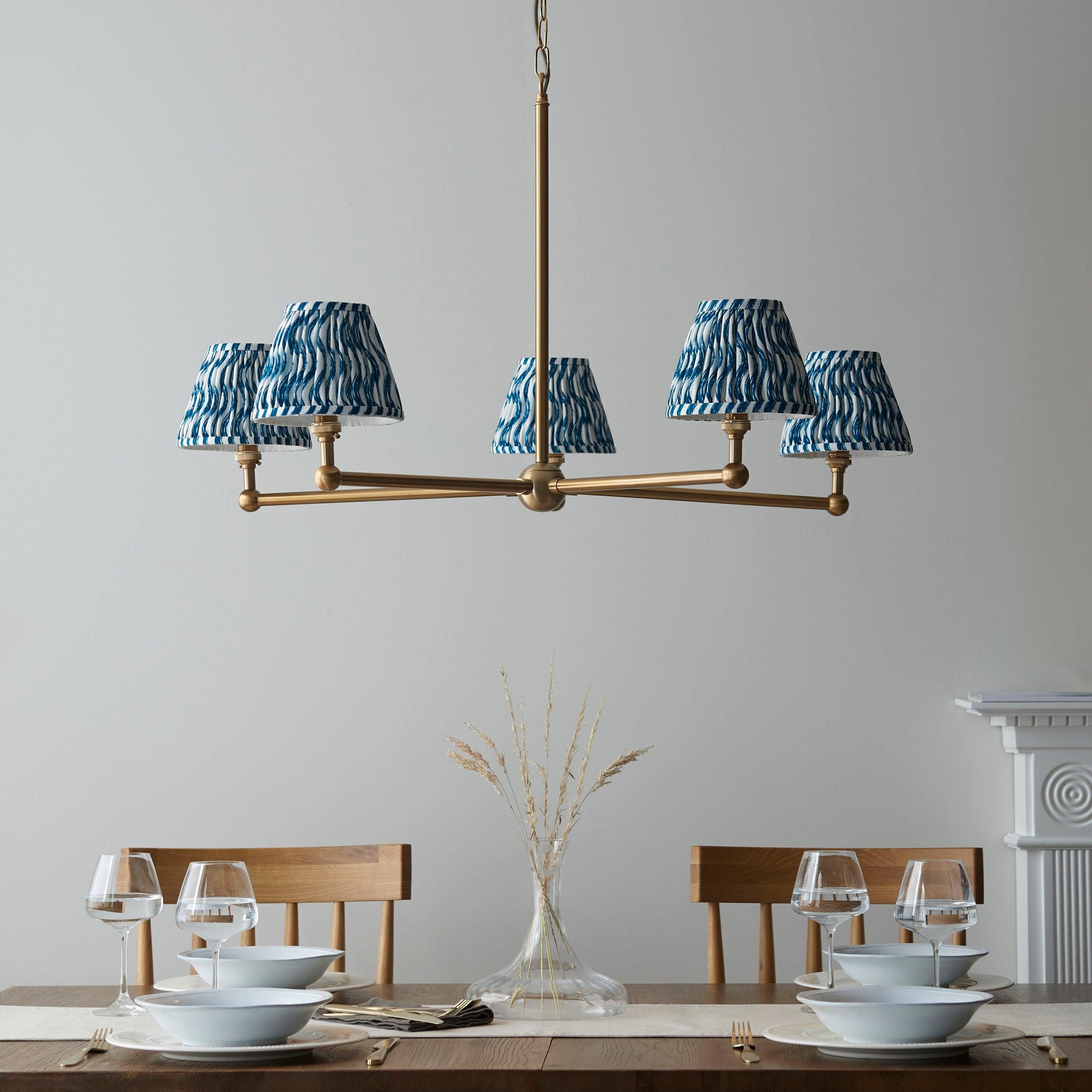 Santiago Brass 5 Light Pendant Ceiling Light With Blue RIpple 16cm Shades