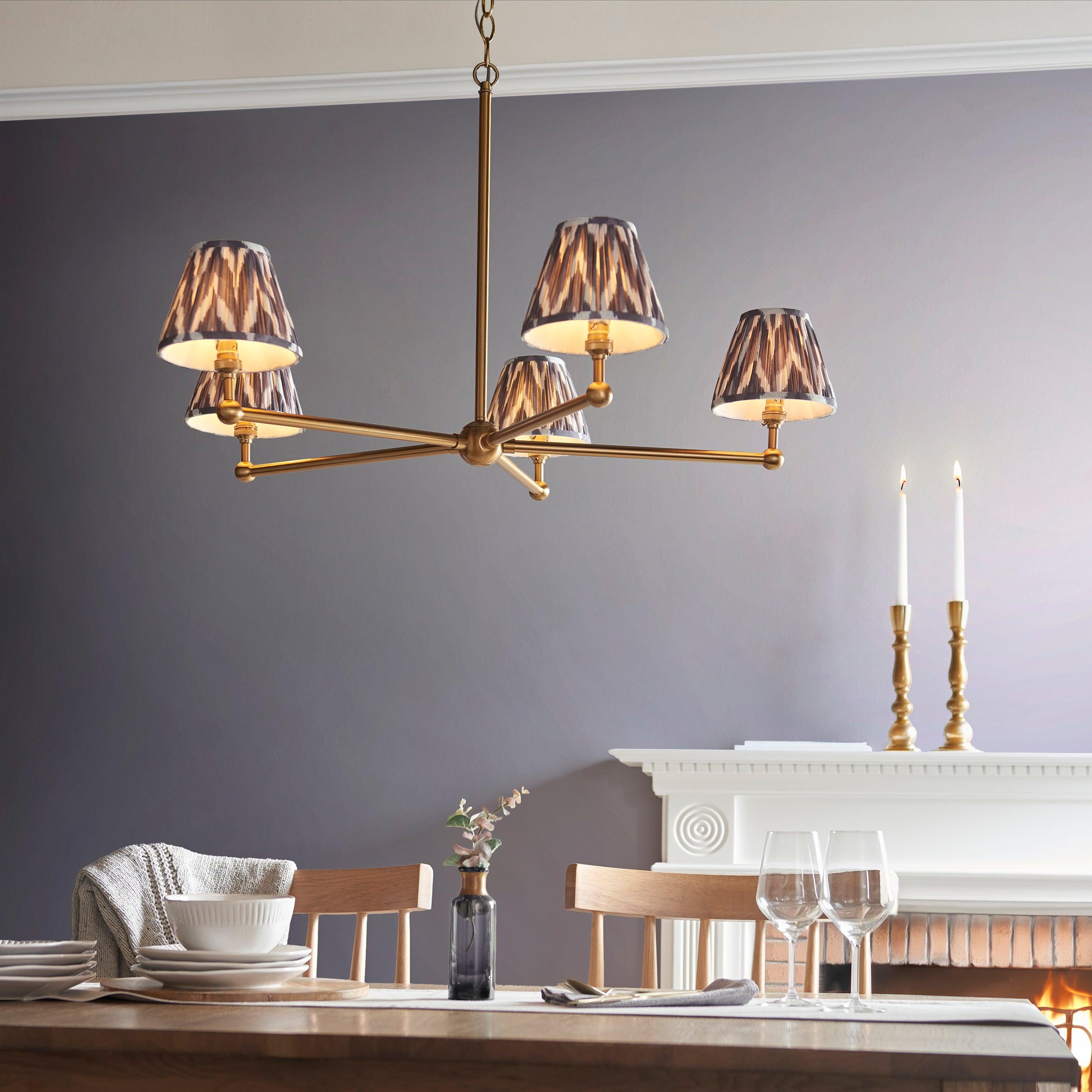 Santiago Brass 5 Light Pendant Ceiling Light With Grey Zigzag 16cm Shades