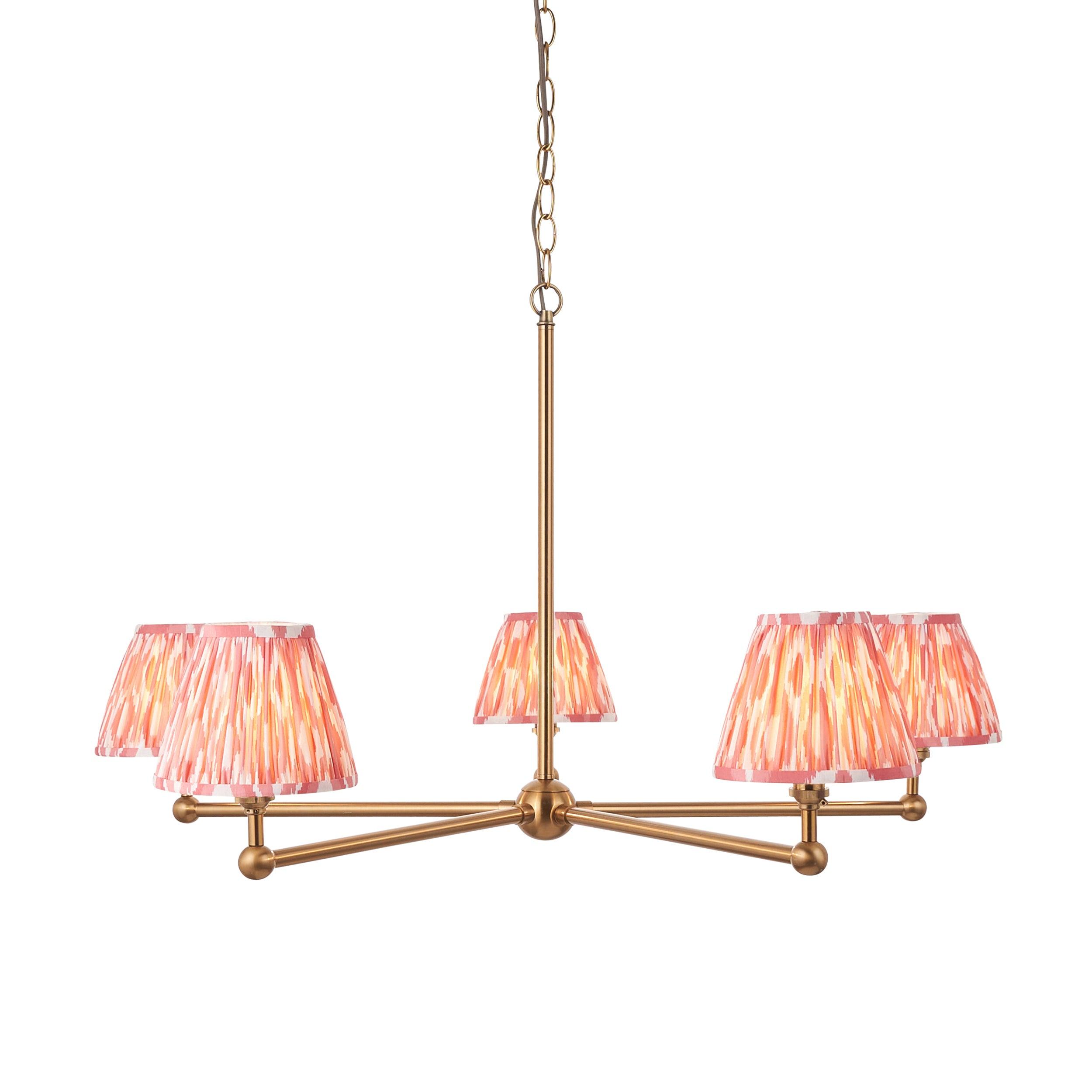 Santiago Brass 5 Light Pendant Ceiling Light With Pink Ikat 16cm Shades
