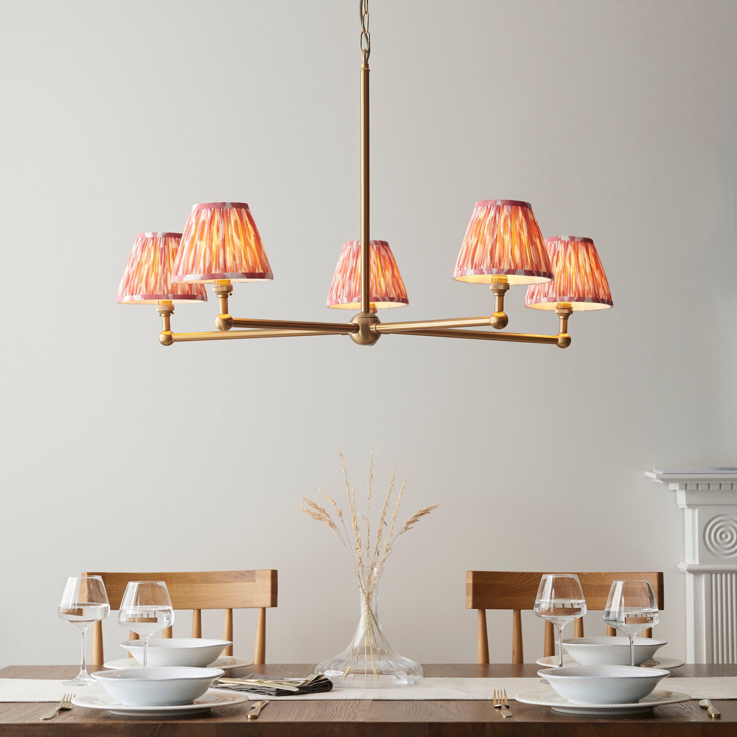 Santiago Brass 5 Light Pendant Ceiling Light With Pink Ikat 16cm Shades