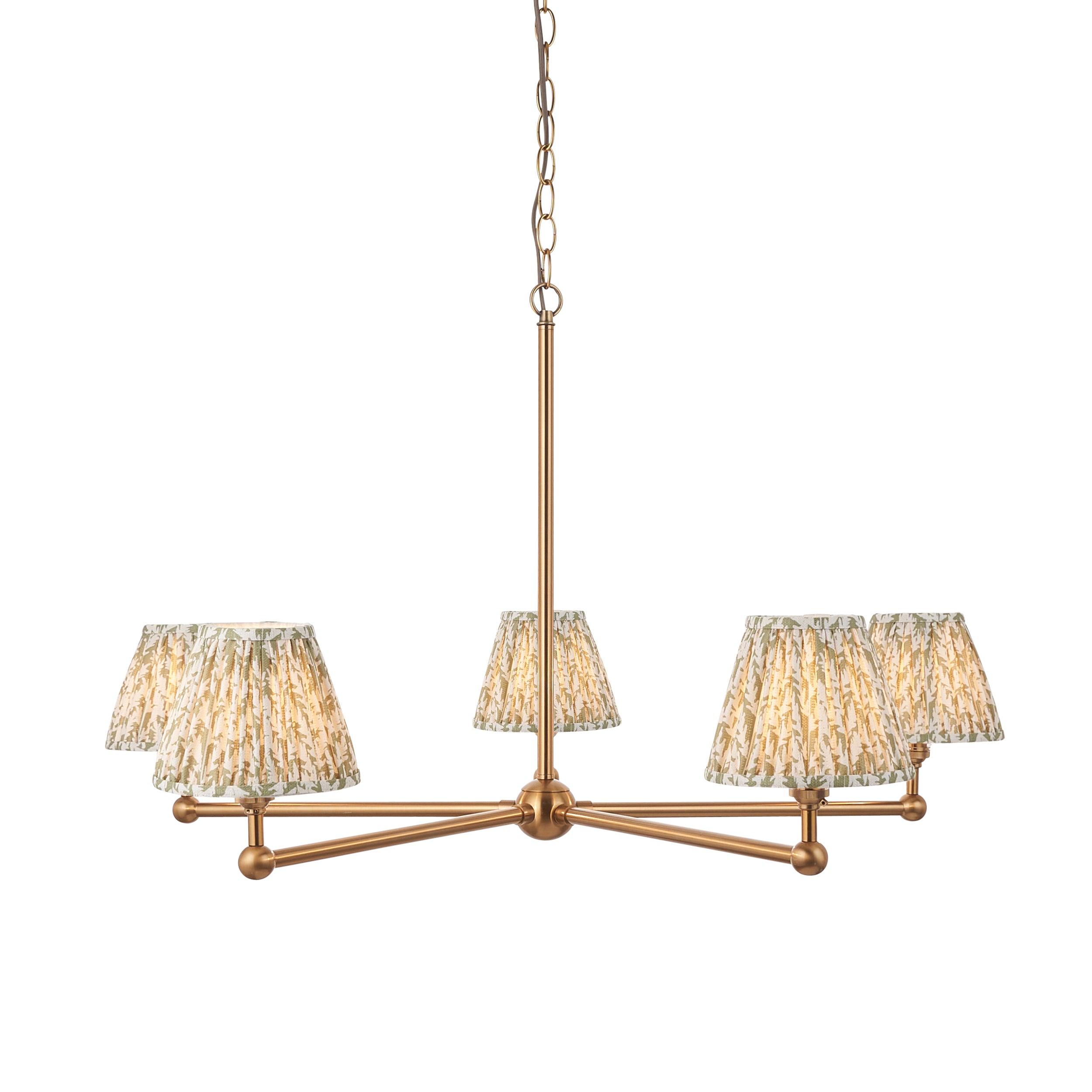 Santiago Brass 5 Light Pendant Ceiling Light With Green Leaf 16cm Shades