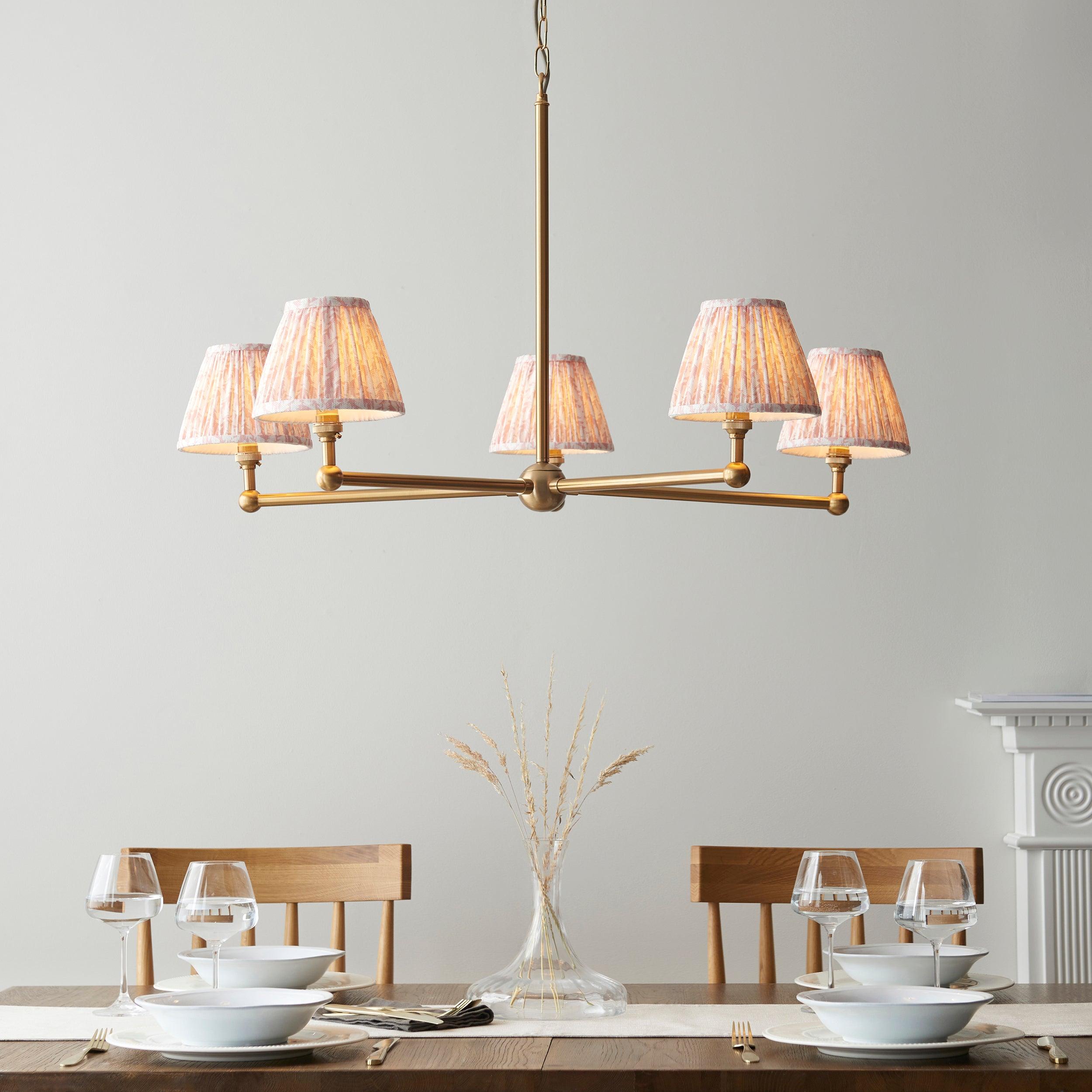 Santiago Brass 5 Light Pendant Ceiling Light With Peachy Leaf 16cm Shades