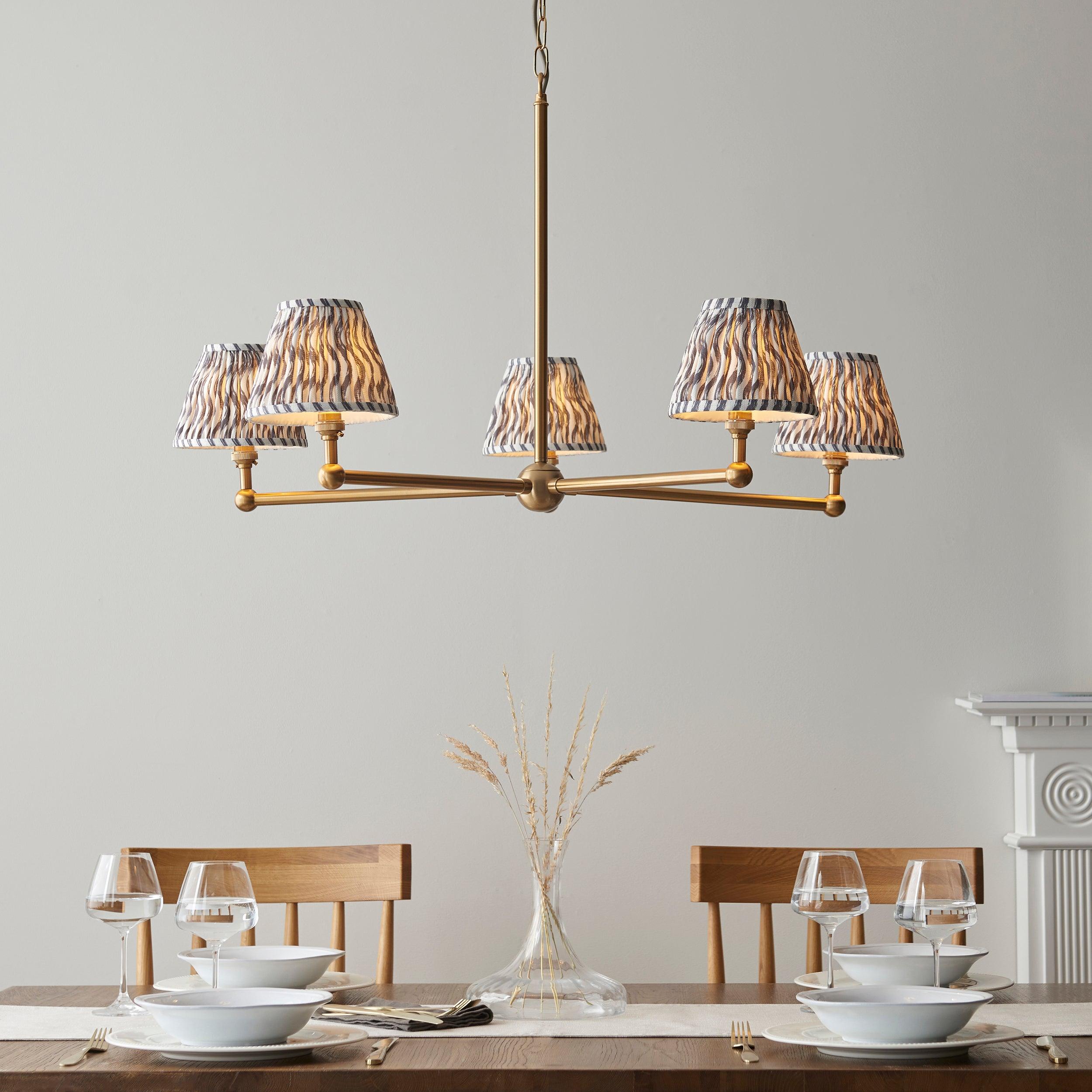 Santiago Brass 5 Light Pendant Ceiling Light With Grey Ripple 16cm Shades