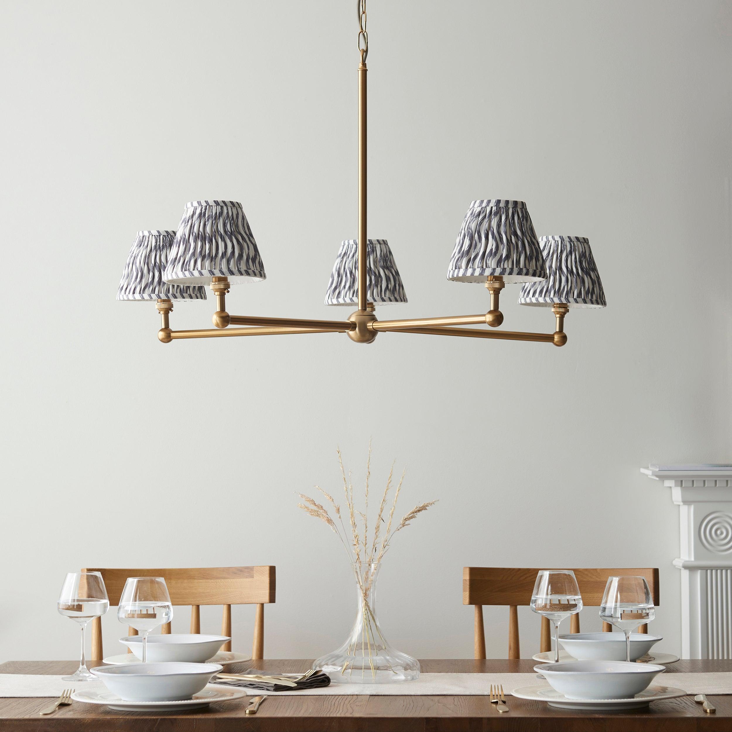 Santiago Brass 5 Light Pendant Ceiling Light With Grey Ripple 16cm Shades
