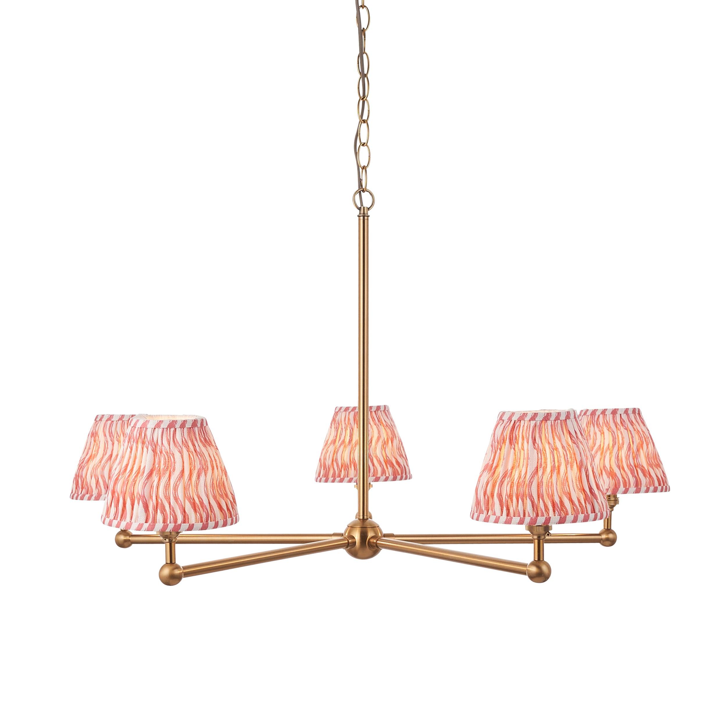 Santiago Brass 5 Light Pendant Ceiling Light With Pink Ripple 16cm Shades
