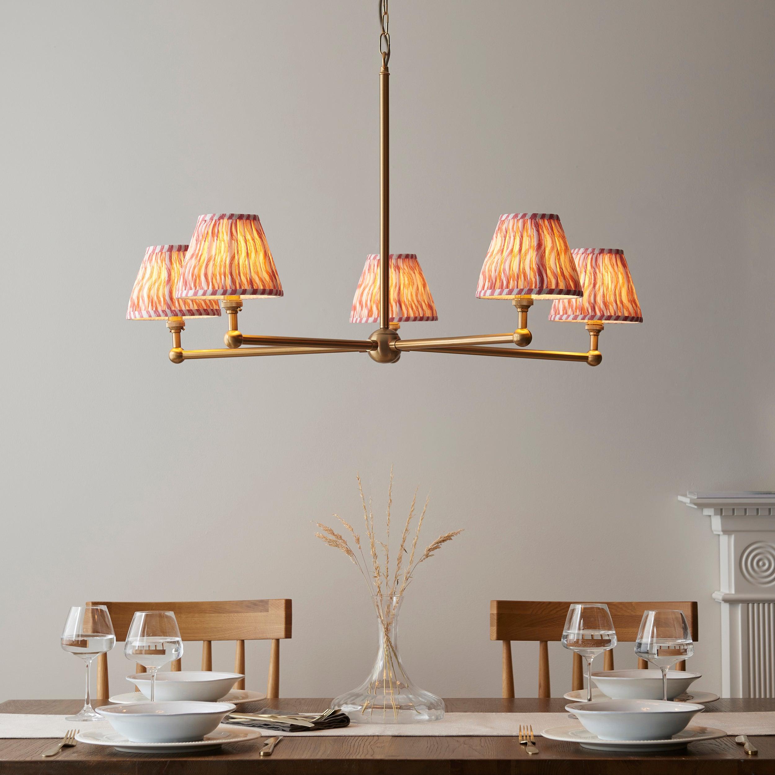 Santiago Brass 5 Light Pendant Ceiling Light With Pink Ripple 16cm Shades